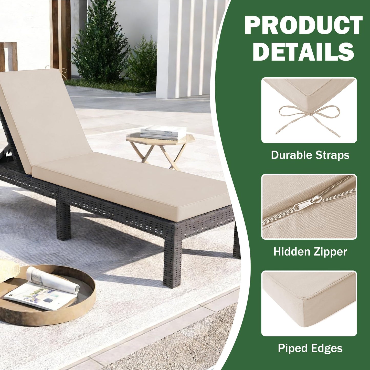 Aegisun Chaise Lounge Cushions Outdoor, 72x 21x 3 Inch Waterproof & Fade-Resistant Lounge Chair Cushion, Outdoor Chaise Cushion with Removable Cover & Ties for Lawn, Patio, Pool & Beach, Beige