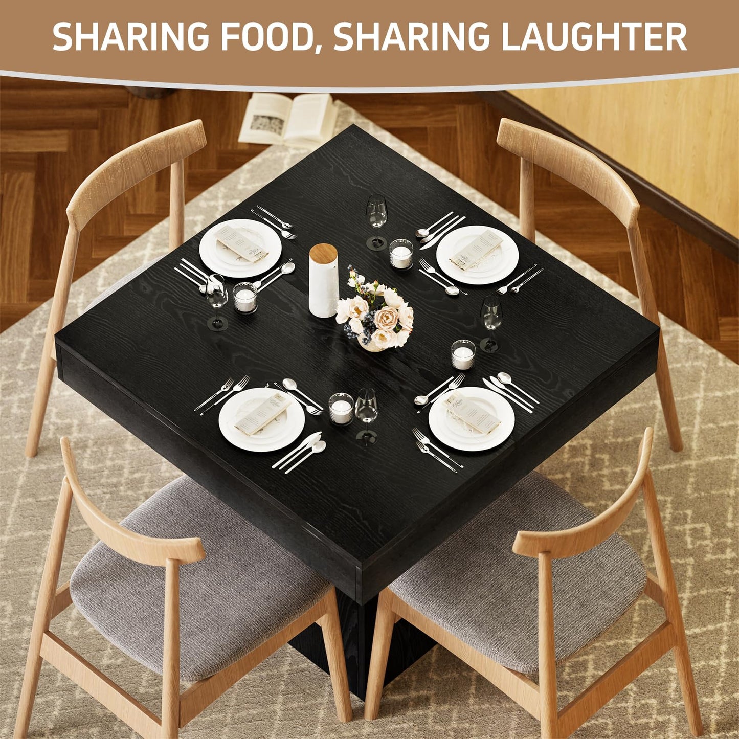 MILEFA Square Dining Table, Farmhouse Style Eating Table for 2-4 People, 31.5-inch Kitchen Table with Sturdy Pedestal Base, Wooden Dinner Table for Dining Room, Living Room, Black