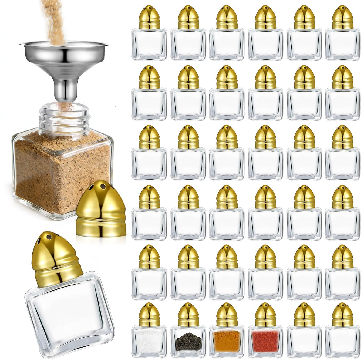 Nyuemystery 72/120 Pack Mini Salt and Pepper Shakers, 0.5 oz Clear Glass Cube Seasoning Jars with Gold Stainless Steel Lids, Small Spice Shakers Bulk for Wedding Party Restaurant Kitchen (120 Pack)