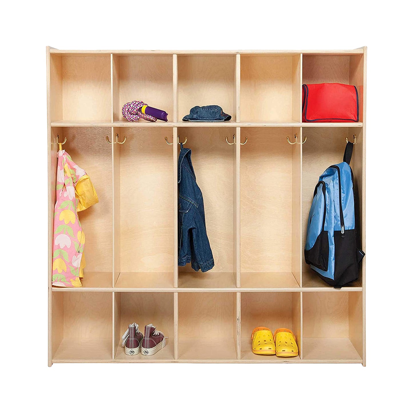 RRI Goods 5 Section Montessori Coat Locker & Backpack Hanger, School,Daycare Organizer, Wooden Furniture with Storage & Hooks for Classrooms, Kid’s Room