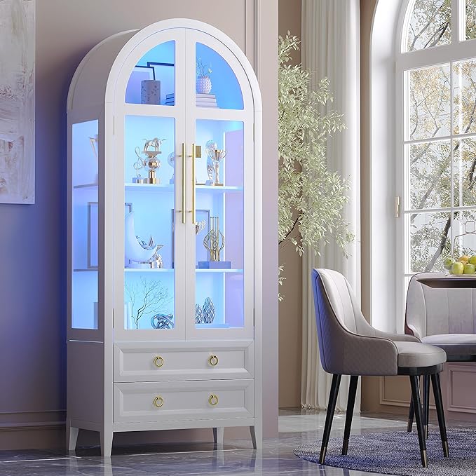Vlsrka 71 Inch Arched Curio Cabinet, 4-Tier Display Cabinet and 2 Drawers