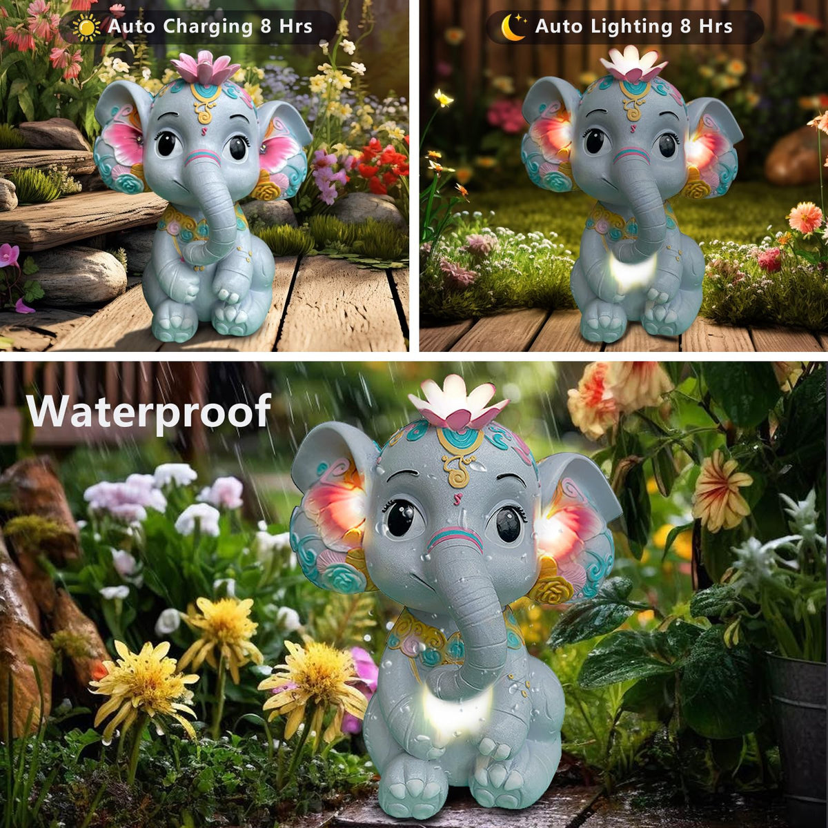 Sgreatiny Solar Garden Elephant Statue with 4 LED Lights