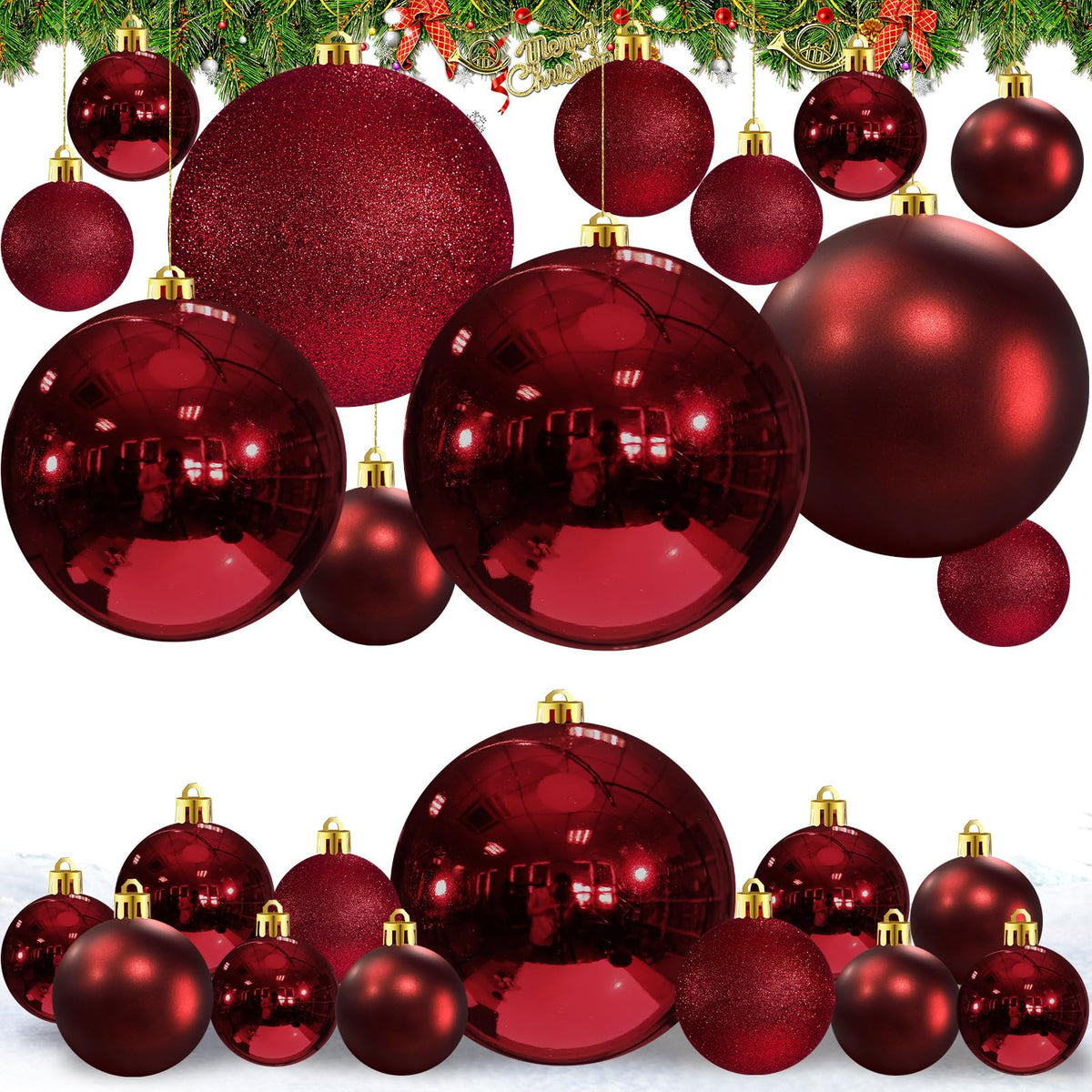 Marsui 24 Pcs Giant Christmas Balls Ornaments Extra Large Outdoor Cherry Christmas Ornament 8'' 6'' 3'' 2'' Large Xmas Balls Bulk Plastic Shatterproof for Xmas Tree Lawn Yard Porch (Frosted and Shiny)