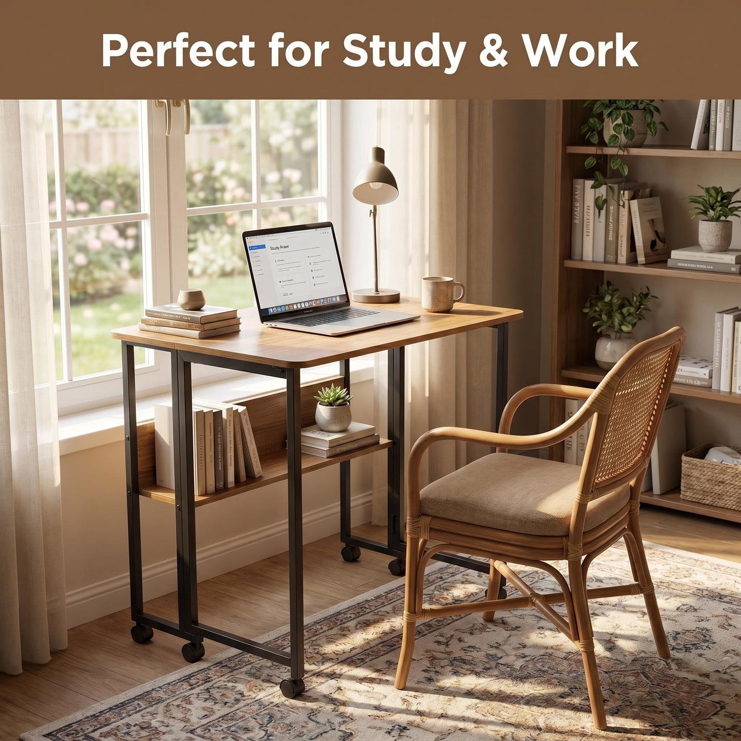 Windpost Mobile Foldable Desk w/ 6 Wheels,Portable Rolling Small Computer Desk w/Storage Shelves, Folding desks for Small Spaces, Computer Table for Home Office Bedroom Living Room-Brown