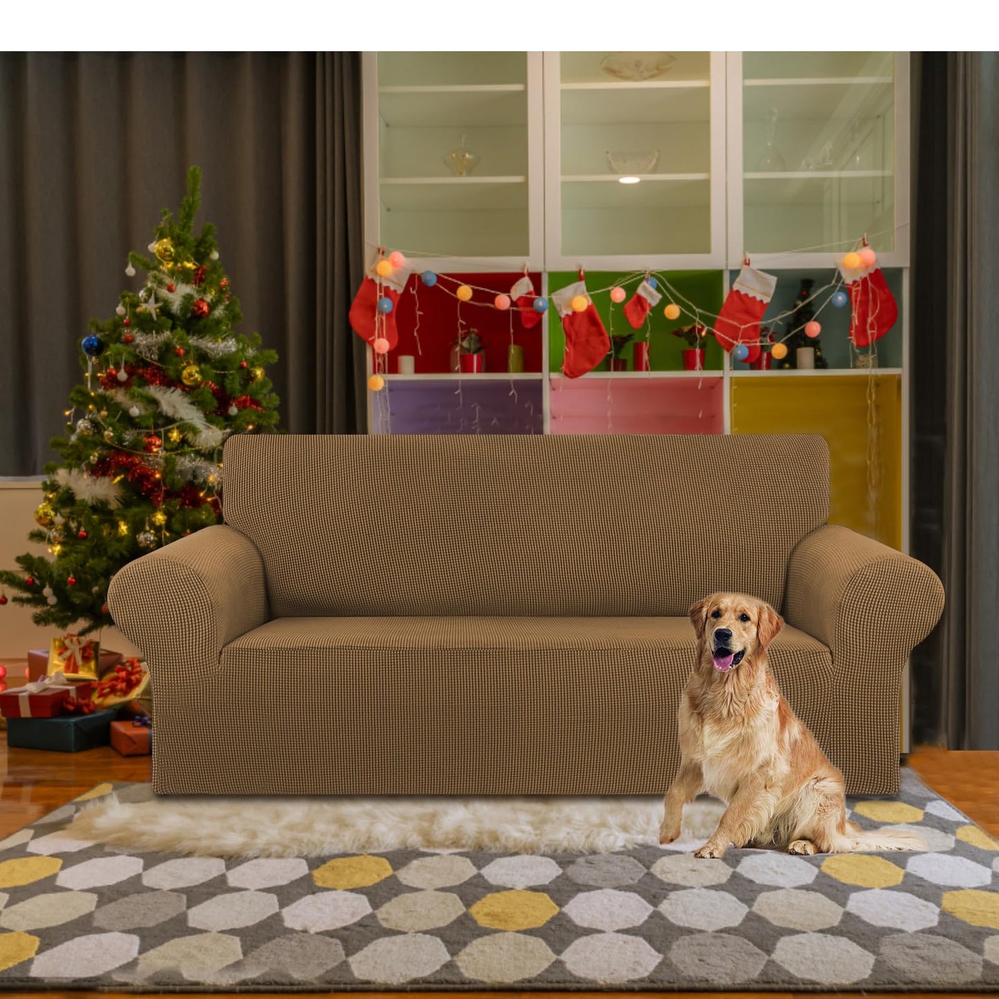 KEKUOU Stretch Loveseat Sofa Cover Slipcover,Couch Covers for 2 Cushion Couch Sofa (55"-78") Furniture Protector Sofa with Elastic Bottom for Kids,Dog. Jacquard Small Checked(Medium,Camel)
