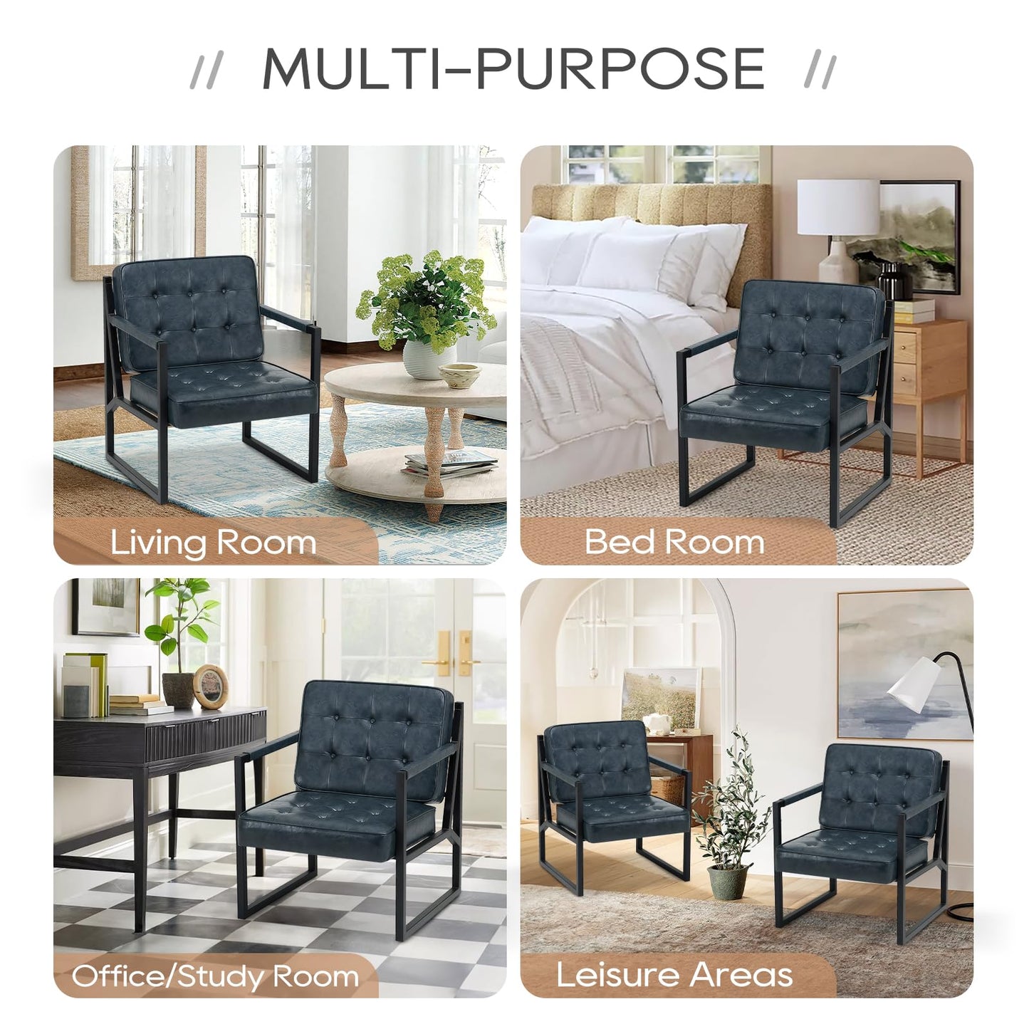 MALOL Mid Century Modern Accent Chair, Comfy Living Room Chairs, Brown Leather Accent Chair, Faux Leather Reception Armchair with Metal Legs for Living Room Bedroom Reception Waiting Room, Brown