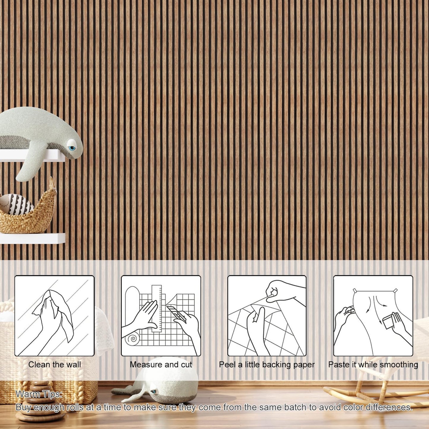 Yun-aeon Natural Wood Peel and Stick Wallpaper Wood Slats - 17.3"x 120" Tan Self-Adhesive Waterproof Vinyl Removable Wall Paper for Wall Decor Bedroom