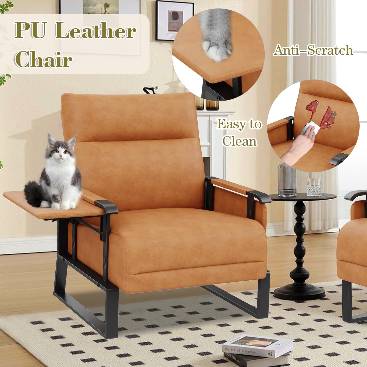Apeaka PU Leather Accent Chair Upholstered Armchair with Side Table for Bedroom Living Room Chairs Office Club Chair Brown