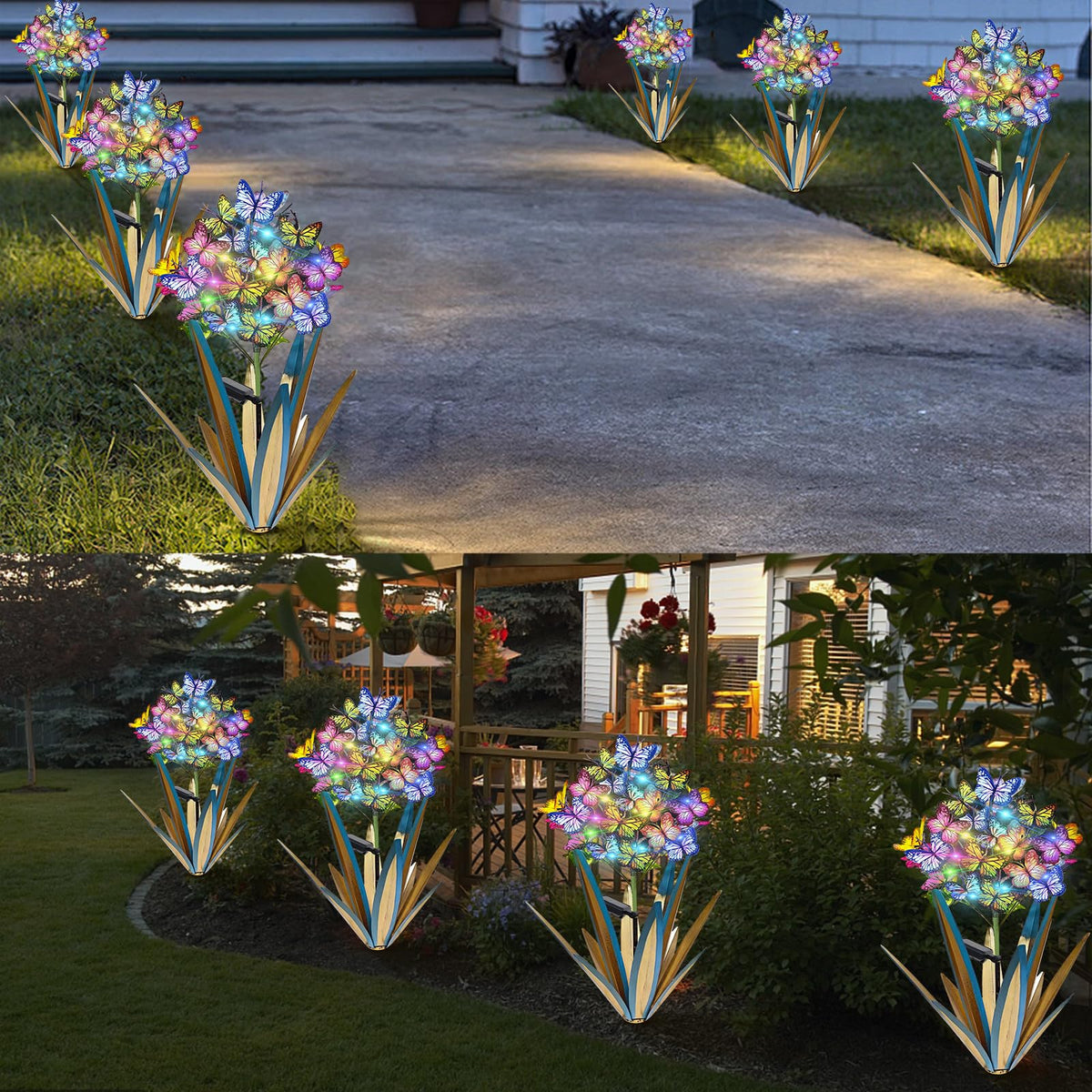 Homight Solar Metal Agave Butterfly Flower Stick Garden Sculpture - Outdoor Christmas Lights With Swaying Butterfly Sunflower - Solar Outdoor Gift (3 PCS Blue)