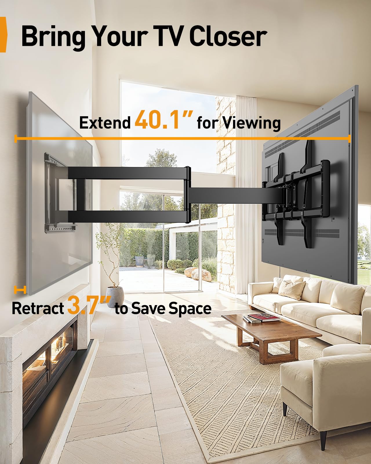 Perlegear Long Arm Full Motion TV Wall Mount for 42–97 Inch TVs up to 150 lbs, Pre-Assembled TV Mount with Full Swivel, Tilt and Extension, Fits 8″/12″/16″/24″ Wood Studs, Max VESA 800x400mm, PGXLF02