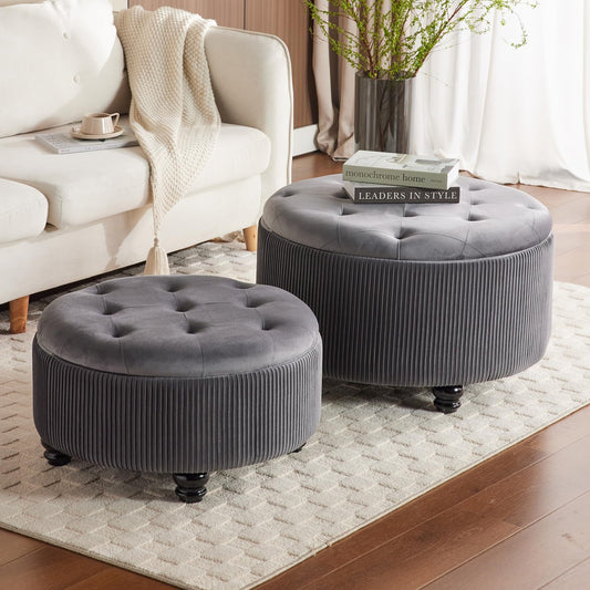 2BYF 29&24.5inch Large Round Storage Ottoman Coffee Table Set of 2 Modern Button Storage Coffee Table with Removable Lid for Living Room Upholstered Footrest Stool for Bedroom (Large-Grey)