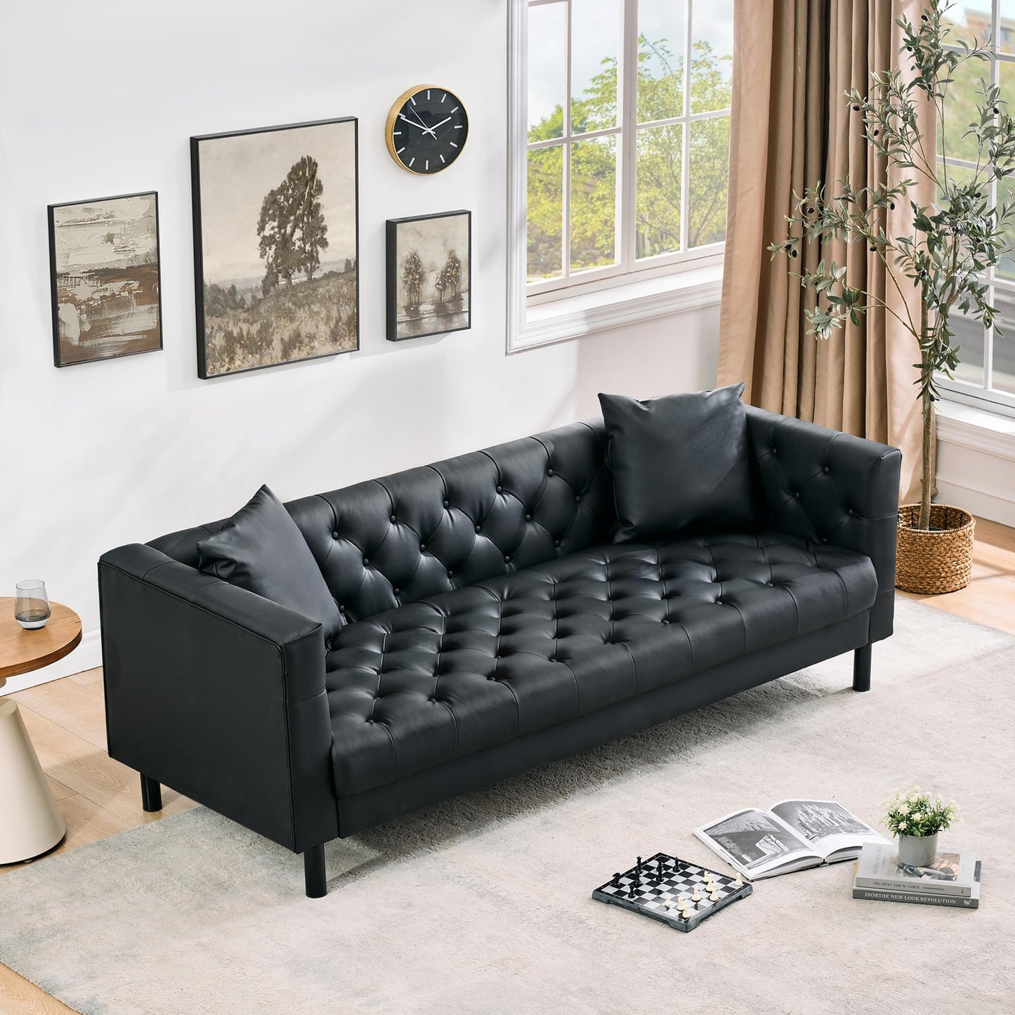 GarveeTech Modern Leather Sofa 81", Chesterfield Style 3 Seater Couch with Deep Seat, Hand-Tufted Button Quilting, Vintage Couch for Living Room, Apartment, Office