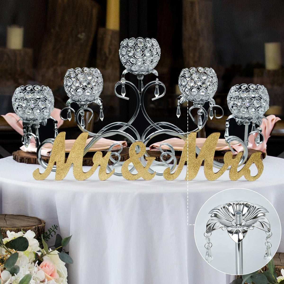 5 Pcs Metal Flower Candle Holder Leaves, 4.3 Inch Metal Candle Stand Accessories with 3 Hanging Holes for Crystal Pendants, Suitable for Candlesticks and Candelabra (Silver, 3.9"-5pcs)