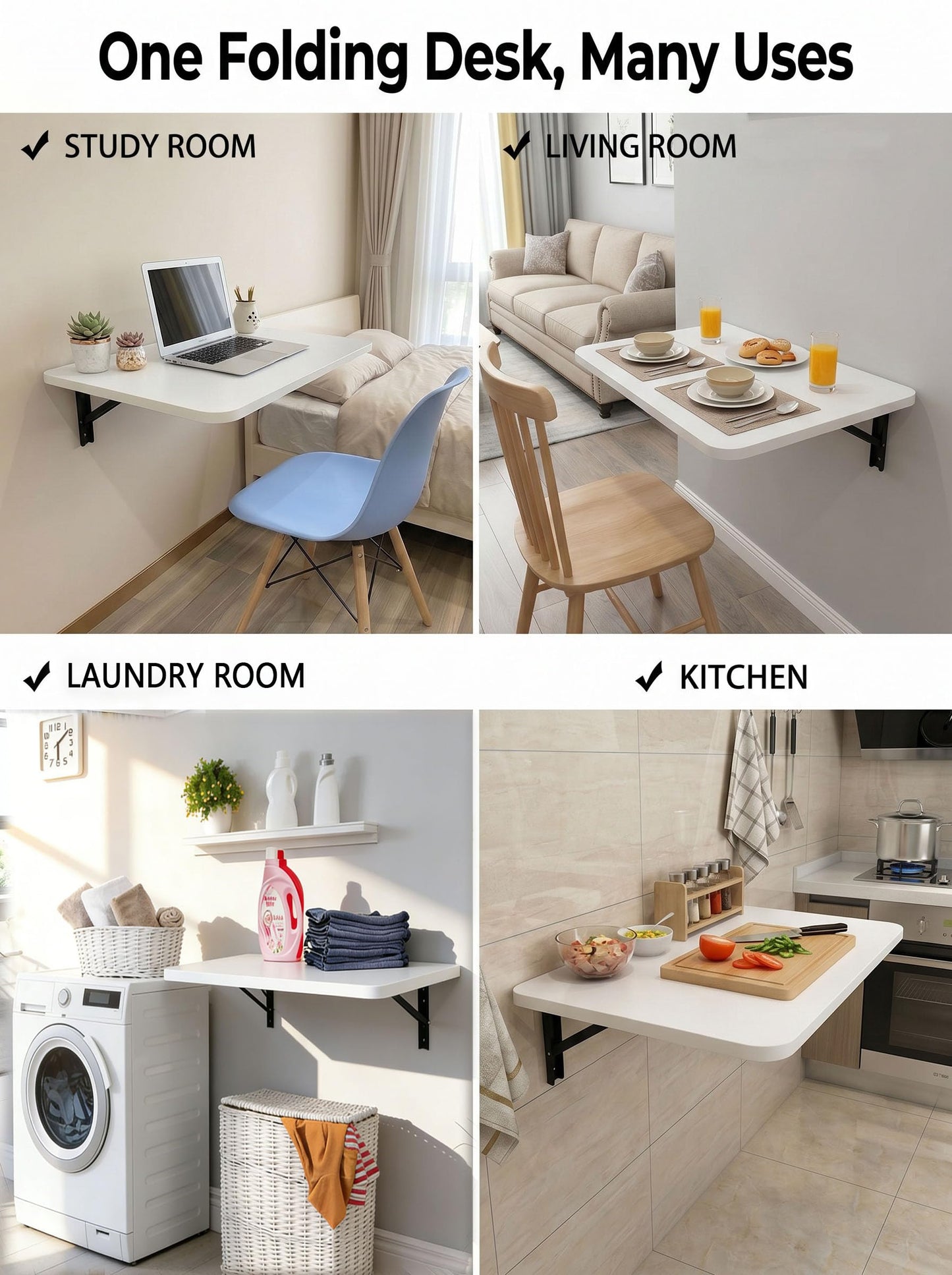 DAZIMOU 31 "x22.8 Wall Mounted Folding Table with Foldable Bracket, Suitable for Folding Tables on Balconies, Laundry Rooms, Kitchens, Home Offices, bedrooms, and Living Rooms (White)