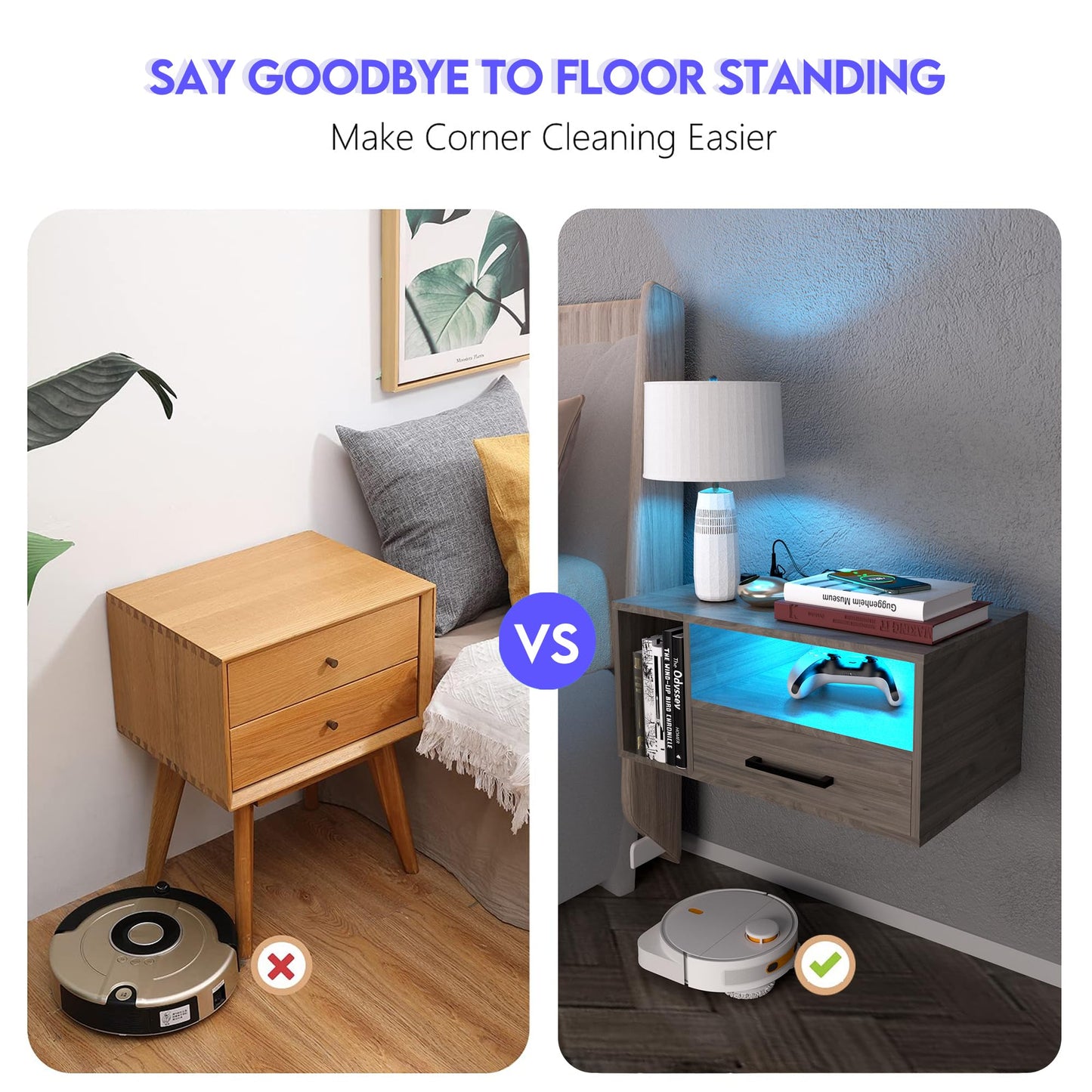 Homaterial Floating Nightstand with Charging Station and LED Lights, Floating Bedside Table with Drawers Wall Mounted Nightstands,for Bedroom Room, 21.3" x 11.8" x 10",Grayish Brown