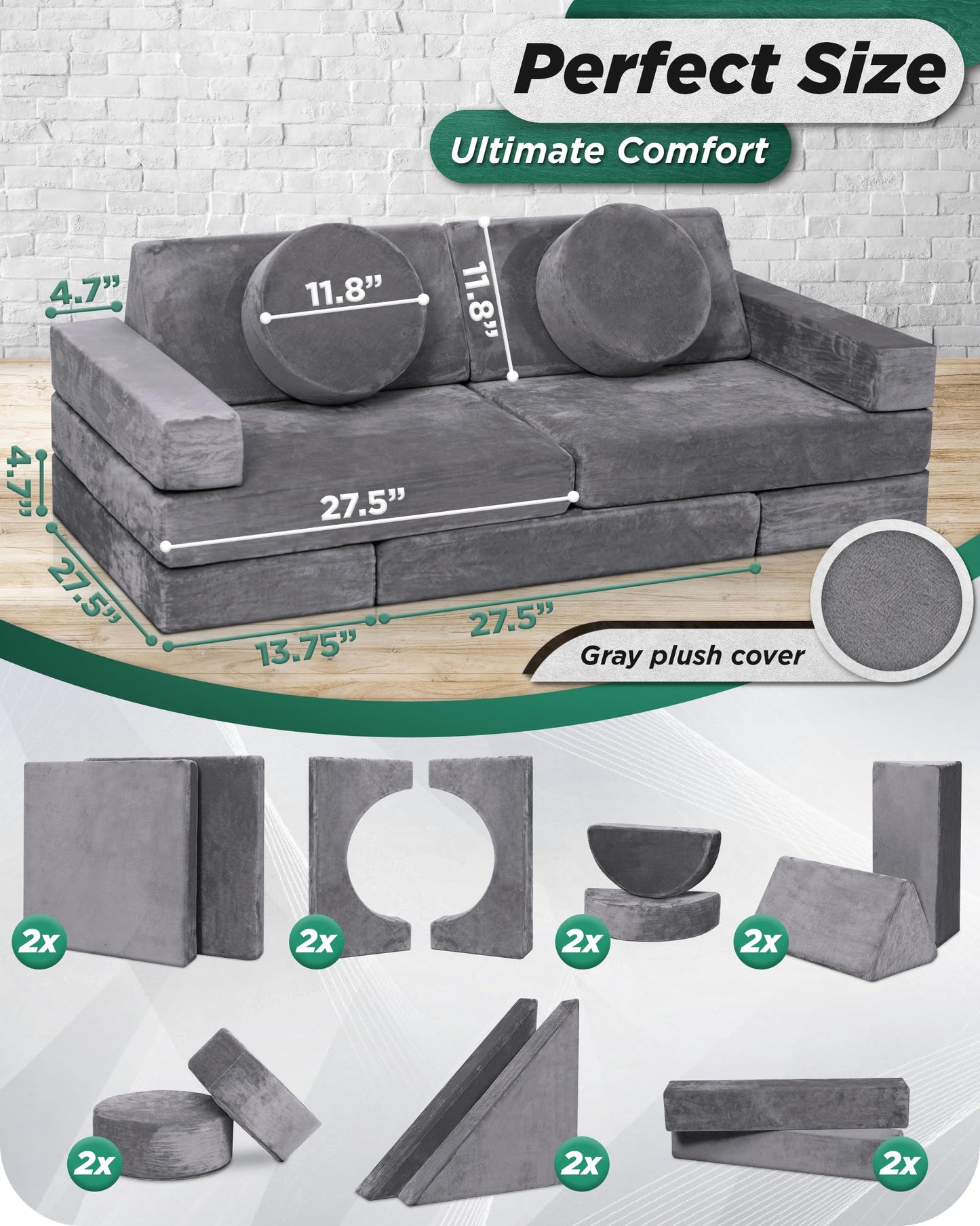 Lunix LX15 14pcs Modular Kids Play Couch, Design-Patent Child Sectional Sofa, Fort-Play Bedroom Playroom Furniture for Toddlers, Convertible Foam, Washable Covers, OEKO-TEX & CertiPUR-US, Granite Gray
