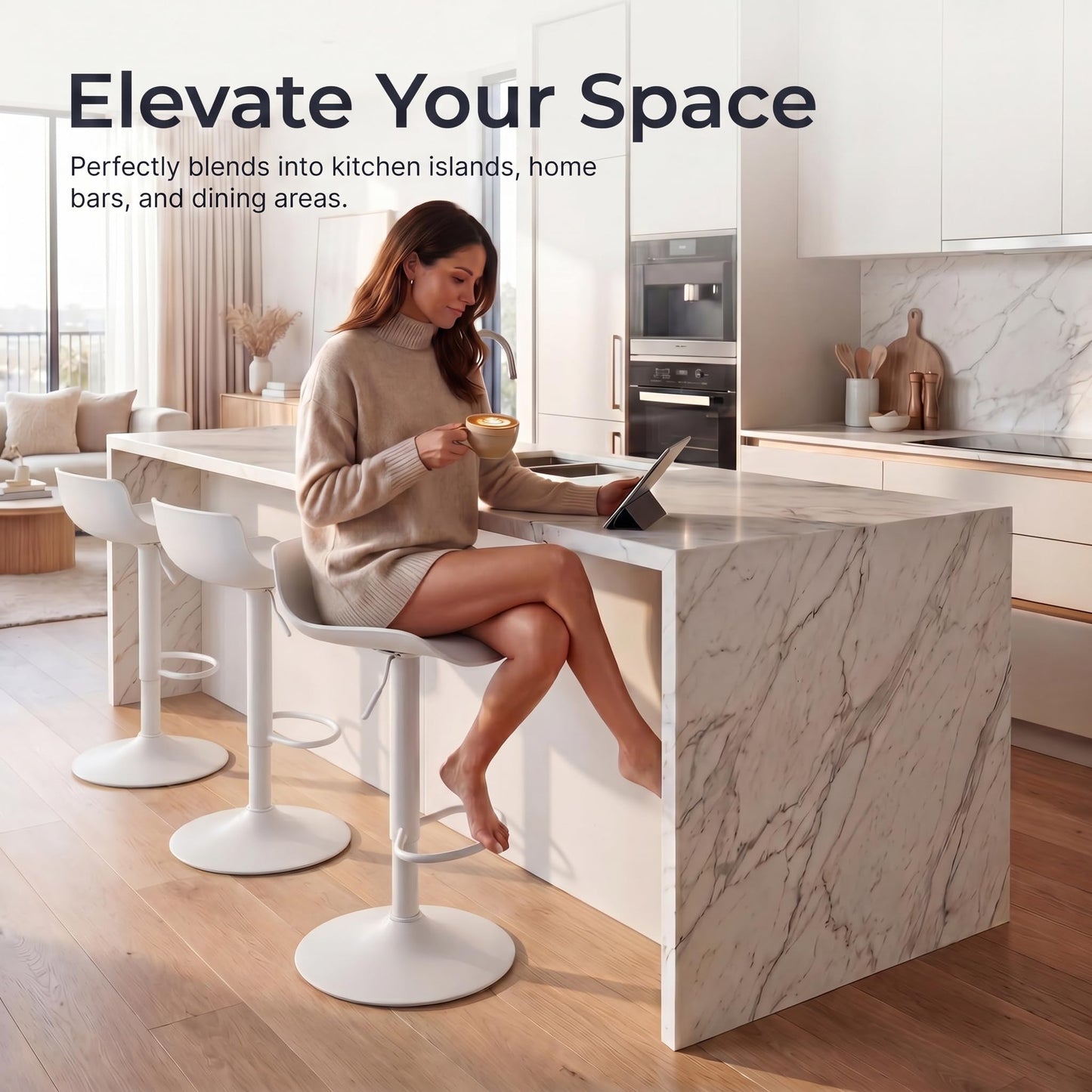 YOUNIKE White Adjustable Height Bar Stools Set of 2 Plastic Swivel Barstool with Low Back Modern Kitchen Counter Island Bar Chairs for Breakfast Nook Cafe Bars Office