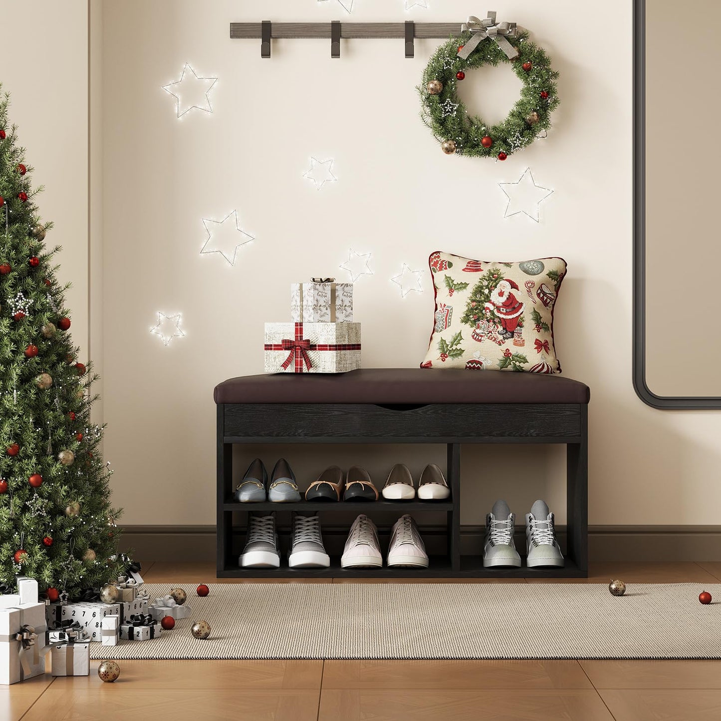 Apicizon Entryway Bench with Shoe Storage, Black, 2-Tier Shoe Rack, Padded Cushion, Wooden Frame