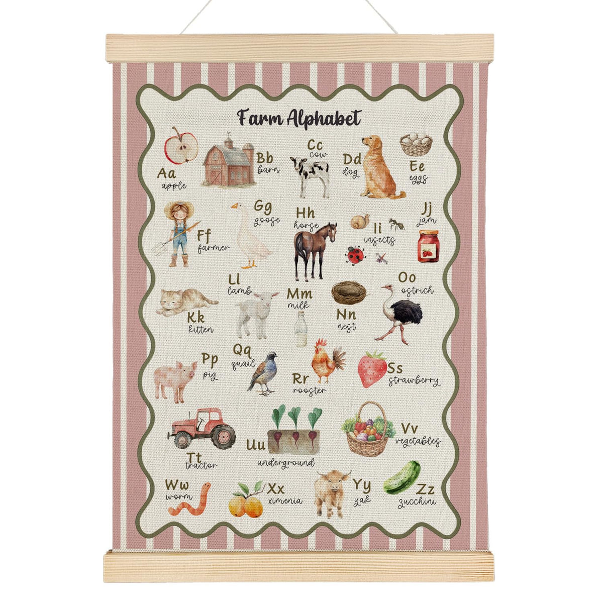 Qvapt Farm Alphabet Pink Wall Art Poster Hanger Frame, Farmhouse Animal ABC Educational Wall Art With Wooden Poster Hanger for Toddler Room Classroom Nursery Playroom Decorations, 12x16 Inch