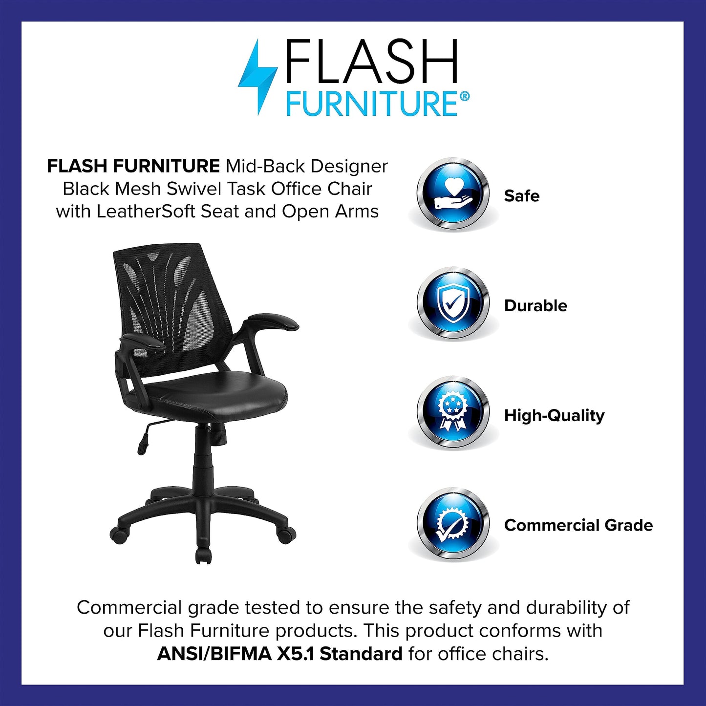 Flash Furniture Sam Mid-Back Designer Black Mesh Swivel Task Office Chair with LeatherSoft Seat and Open Arms