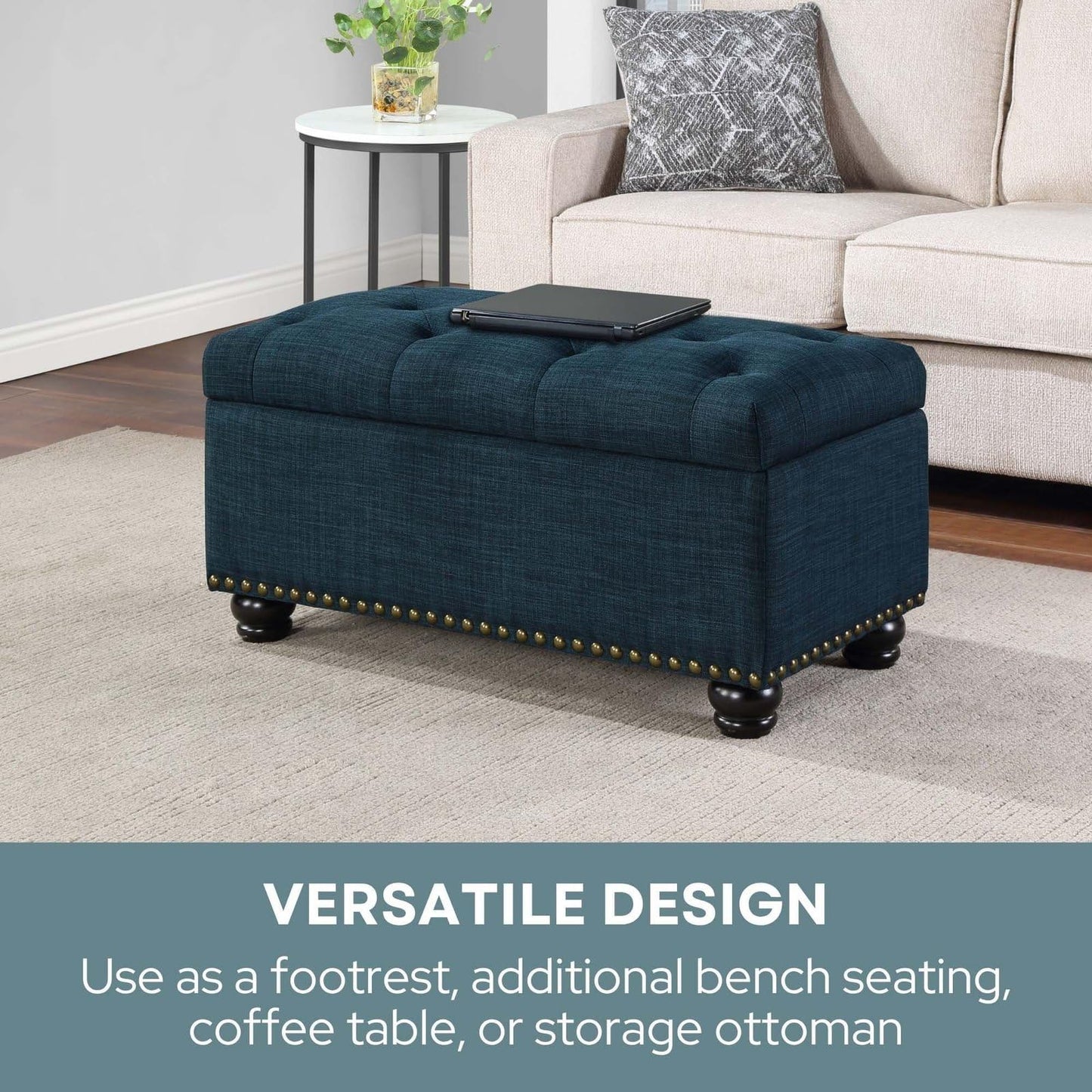 Convenience Concepts Designs4Comfort 7th Avenue Ottoman Bench 35.5" - Modern Upholstered Footstool & Seat with Hinged Lid & Storage, for Living Room, Bedroom, & Entryway, Dark Blue Fabric