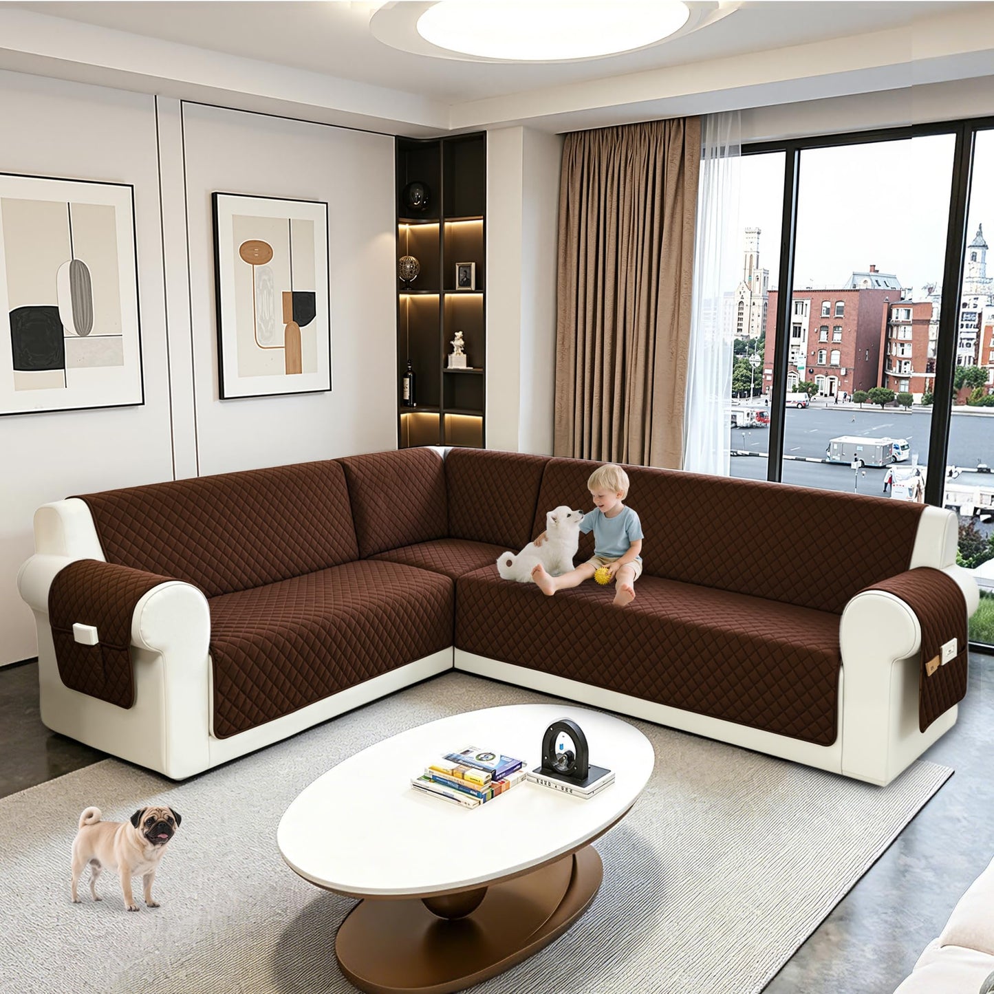 SYJOVIA Sectional Couch Covers for Dogs 100% Waterproof Corner L Shaped Sofa Cover Pet Friendly Velvet Washable Anti Slip L Shape Modular Sofa Slipcover Protector with Pockets (Dark Coffee, X-Large)