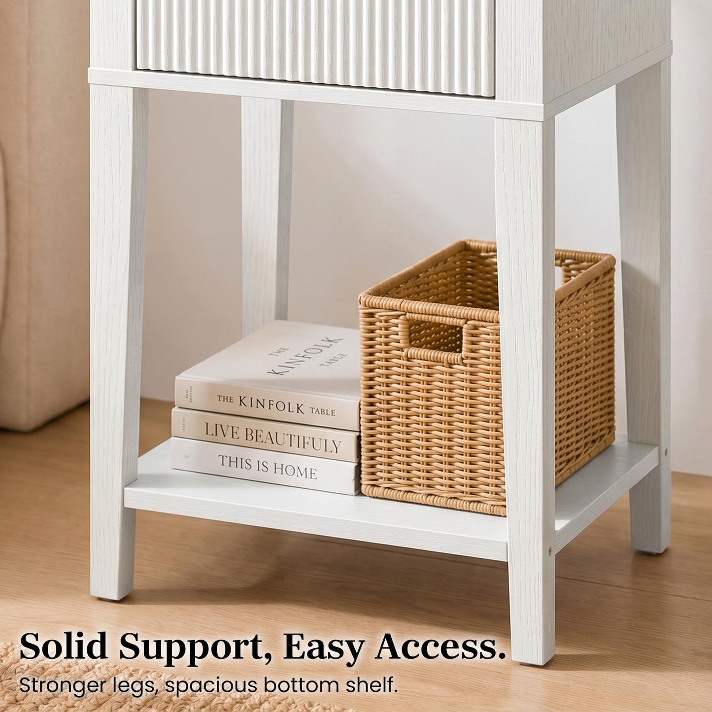 RIHHA Modern Fluted Small Wood Nightstand, 11.8" Deep x 15.4" Narrow Bedside Table with Drawer & Open Shelf, Farmhouse Chic Accent Side Table for Bedroom & Sofa - White