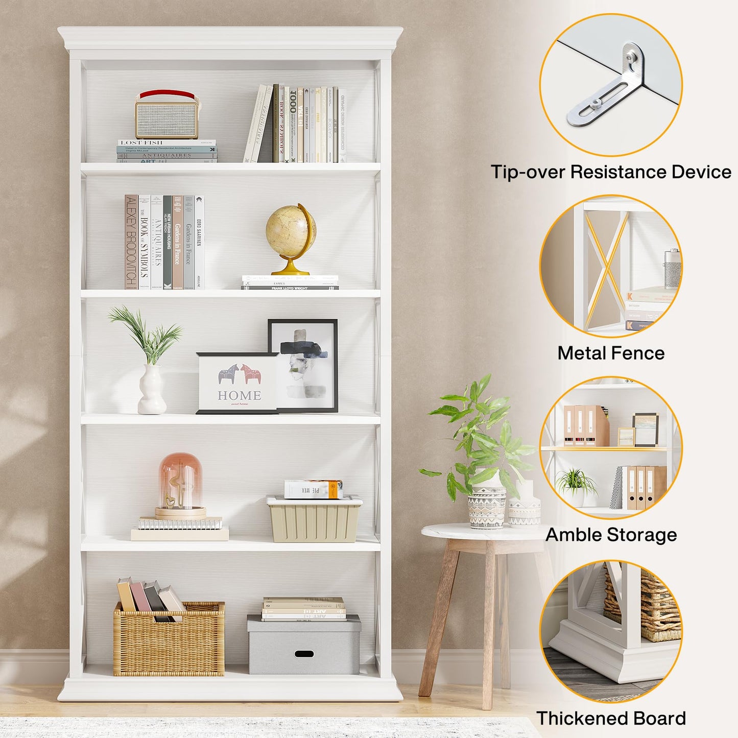 Tribesigns 6-Tier Bookcase, 71 Inches Industrial Bookshelves and Bookcases, Floor Standing 5 Shelf Display Storage Shelves Tall Bookcase for Home Office, Living Room, Bed Room, White