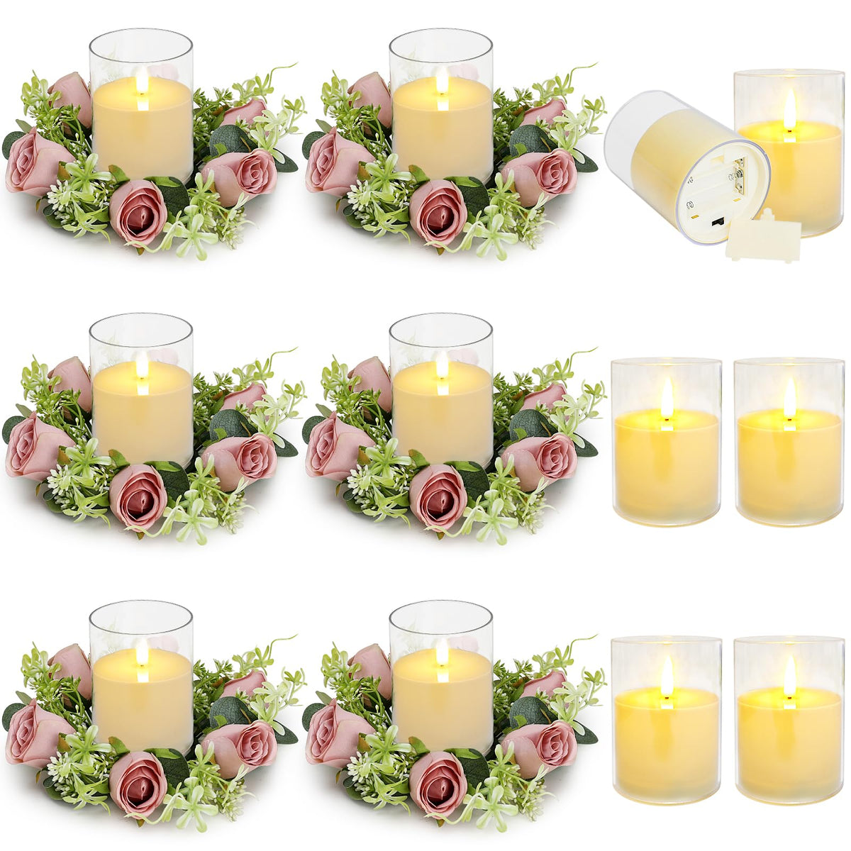 Tobilu 12 PCS Roses Candle Rings Wreaths - 3 Inch Artificial Floral Rings with LED Flameless Candles Eucalyptus Leaves for Spring Banquet Table Centerpieces Home Wedding Party, Dusty Pink