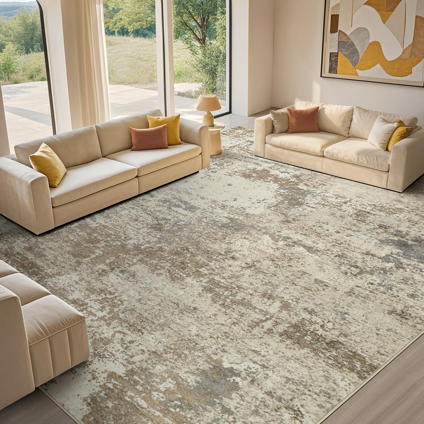 Micgeek Area Rug Living Room - 9X12 Abstract Washable Large Soft Foldable Non Slip Rug Neutral Modern Low Pile Carpet for Bedroom Nursery Dining Room Farmhouse Home Office Indoor - Khaki