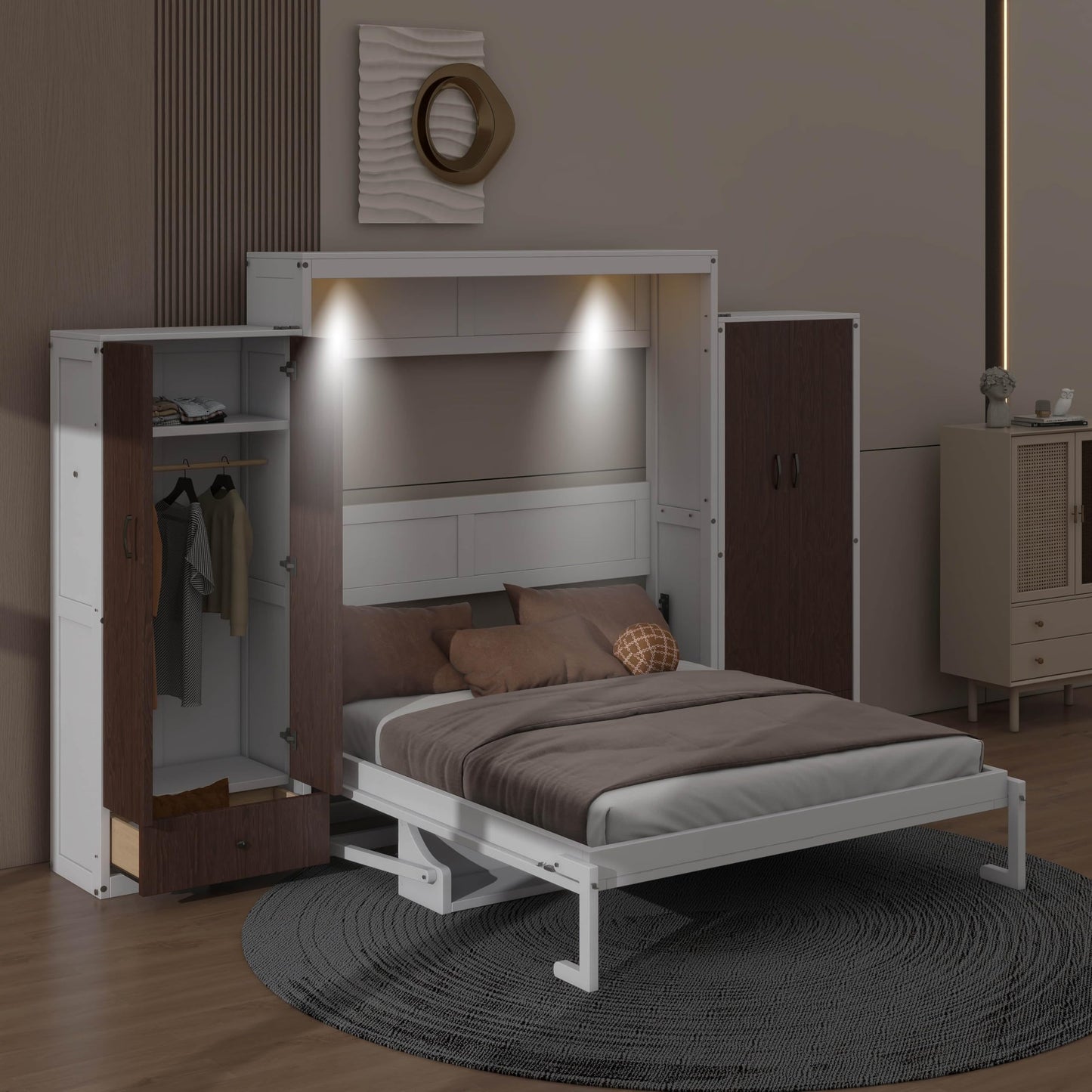 YunNianYang White Murphy Bed Wall Bed with Closet,Drawers and Table (Queen)