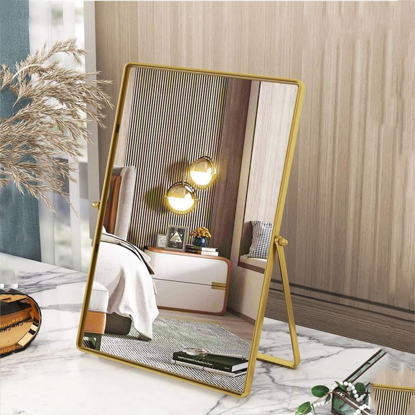 Numjeg Desktop Vanity Makeup Mirror Portable Standing Mirror with Metal Stand 90°Adjustable Rectangular Desk Table Mirrors Good for Bedroom Living Room Shower Room Office