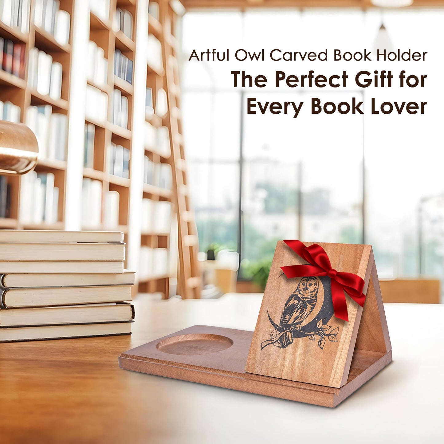 Wooden Triangle Book Stand & Reading Valet – Book Rest with Cup, Phone, Glasses & Pen Holder – Thumb Book Page Holder - Nightstand Book Holder & Gift for Book Lovers, Readers & Bibliophiles