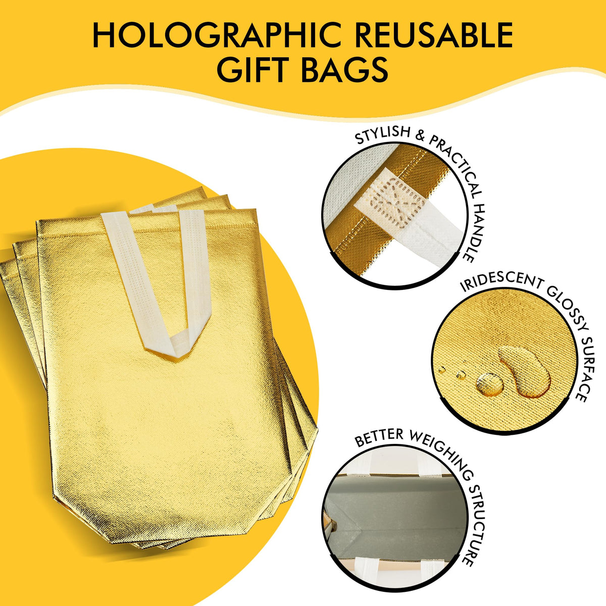 RACETOP Medium Gold Gift Bags with Handles – Set of 15 Reusable 100g Gold Party Favor Bags - Ideal for Birthday, Wedding, Bachelorette, Holiday Goodie Bags – 8x4x10 Inches, Upgraded