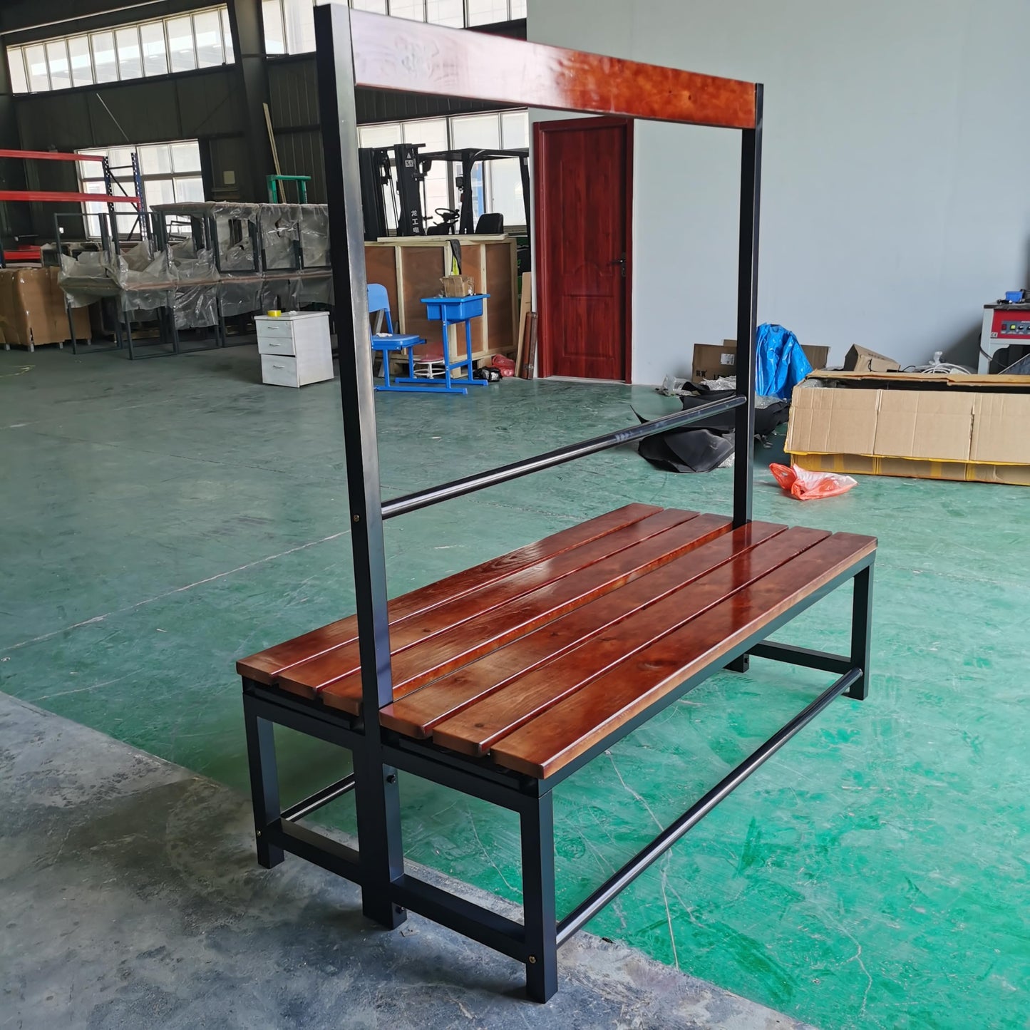 Industrial Locker Room Bench with Storage Rack, Double-Sided Wood Slat Seating, Black Metal Frame