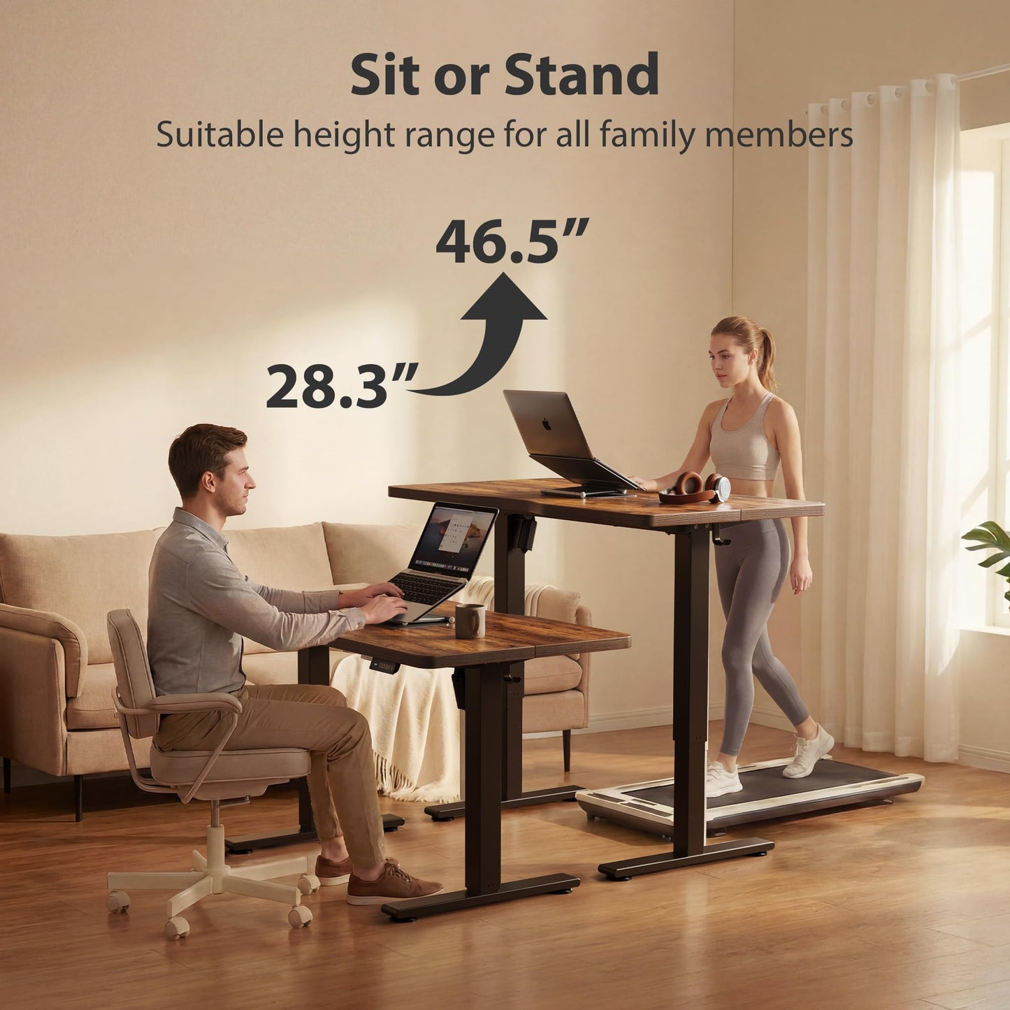 Cubiker Standing Desk, 48x24 Inches Sit Stand Home Office Desk, Electric Stand up Desk, Adjustable Desk with Splice Board, Black Frame/Rustic Brown Top