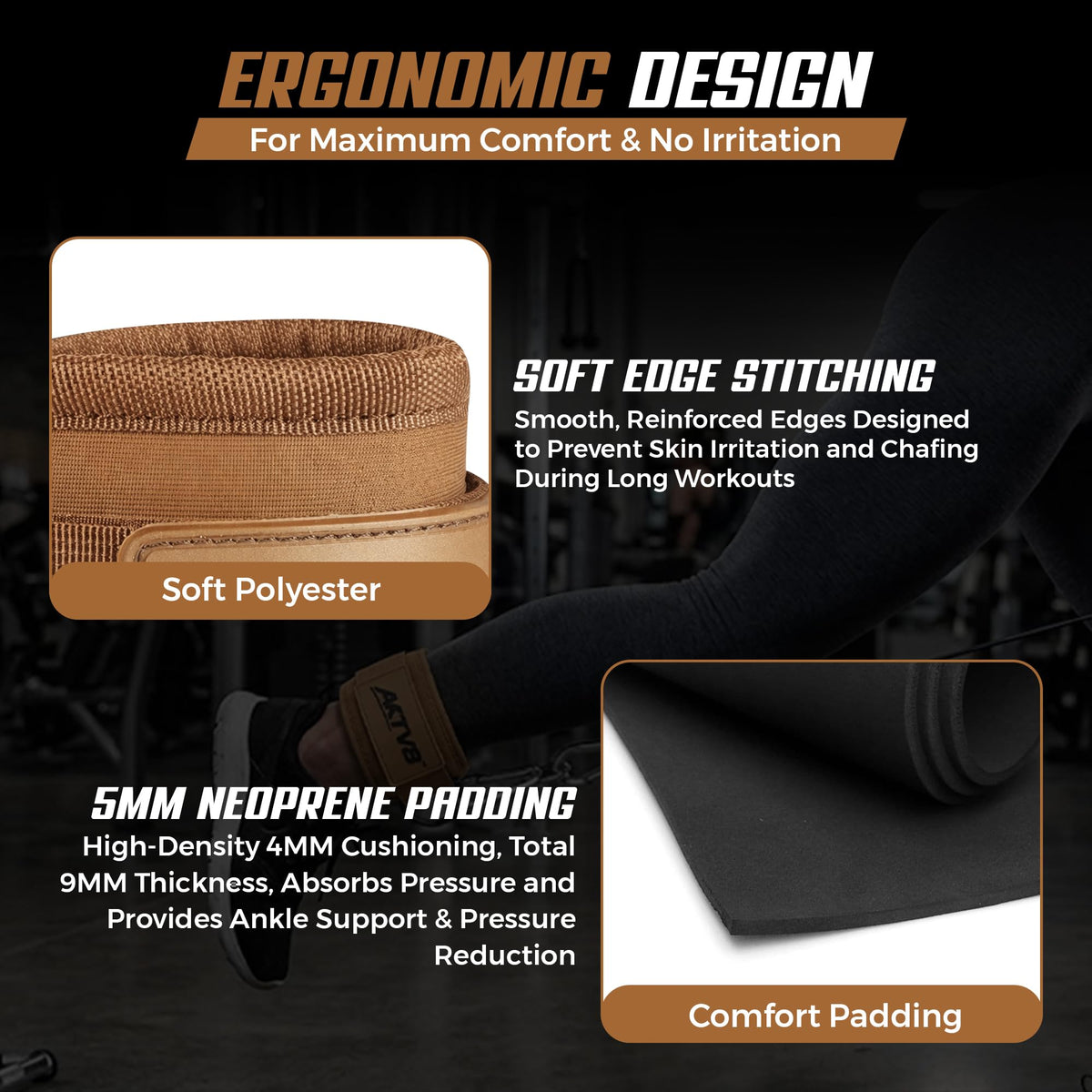 AKTV8 Ankle Straps for Cable Machine – 9mm Padded Neoprene Ankle Cuffs with Heavy Duty Dual D-Rings for Secure Glute Kickbacks, Hip Abductions, Cable Leg Curls & Lower Body Workouts (Brown, Single)