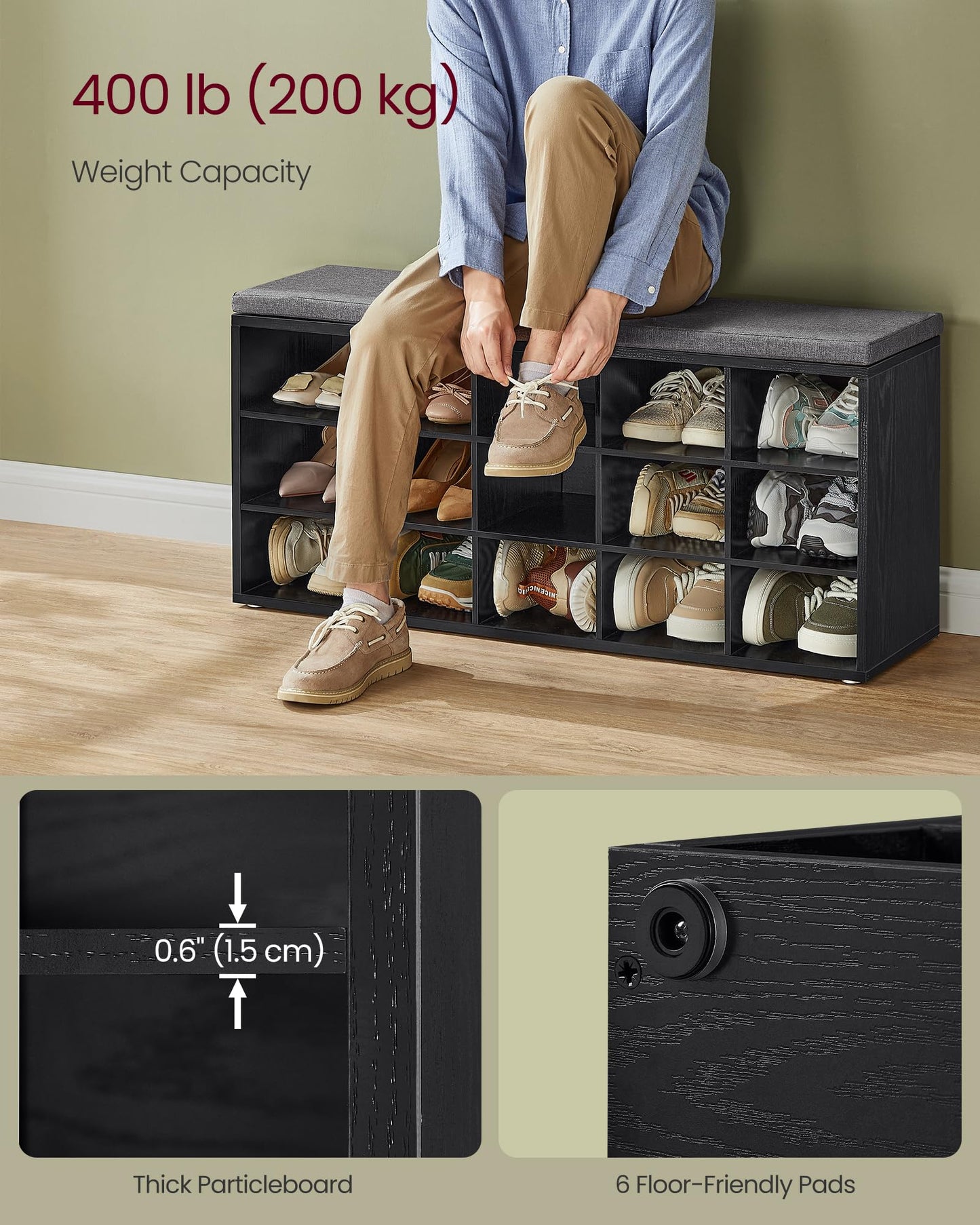 VASAGLE CUSTOS Collection - Shoe Bench, Storage Bench with Padded Seat, Entryway Bench with 15 Compartments, for Bedroom, 11.8 x 41.3 x 18.9 Inches, Ebony Black and Slate Gray ULHS015B02