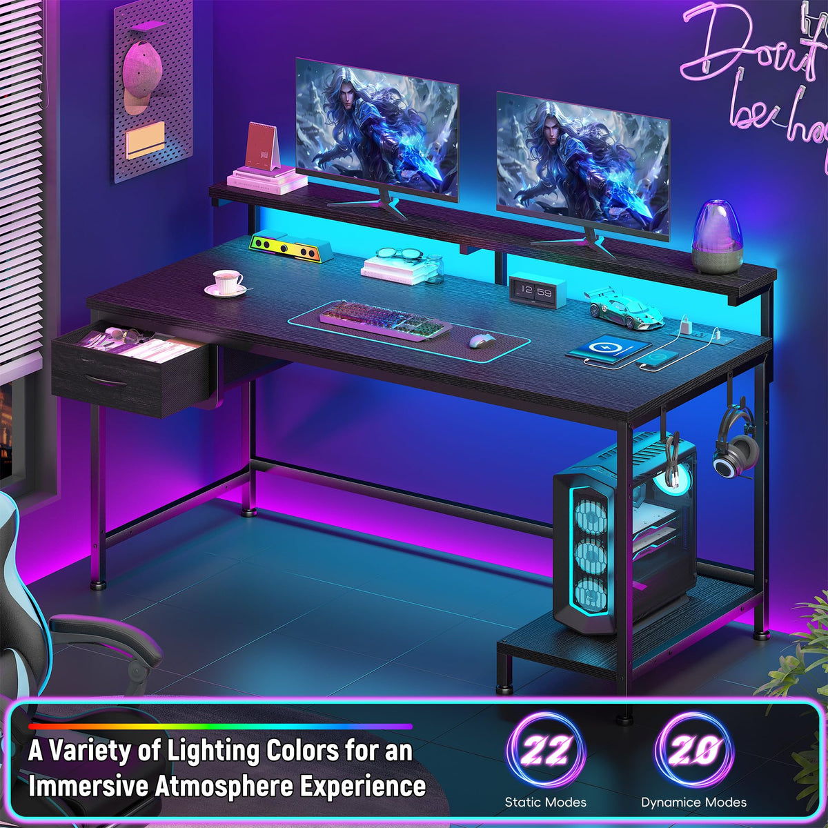 DurayLoly 39.3" Gaming Desk with Power Outlet and LED Lights,Computer Desk with Adjutable Monitor Stand and Drawer,Office Desk with CPU Stand for Home Work,Study and Gaming, Small Spaces,Black