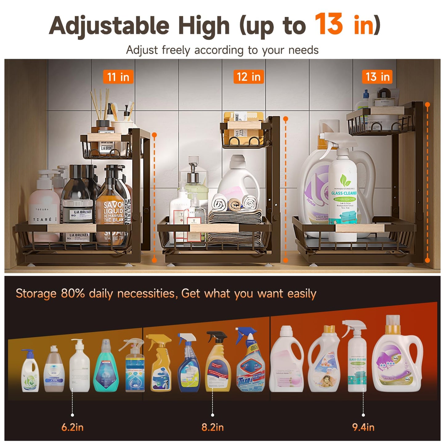 Sevenblue 2 Packs Under Sink Organizer, Height Adjustable 2 Tier Under Kitchen Sink Organizer, Multi-Purpose Storage Shelf for Kitchen Bathroom Cabinet (Brown, Large)