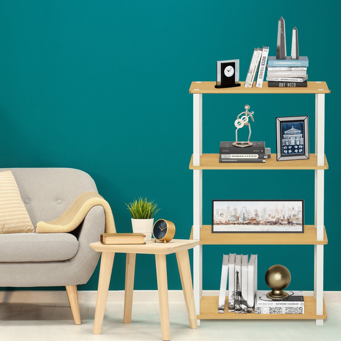 Furinno TURN-S-TUBE Storage Shelves, 4-Tier Book Shelf, Corner Shelf, Toolless Open Shelves, for Organization and Storage, Living Room, Garage, Home Office, Beech