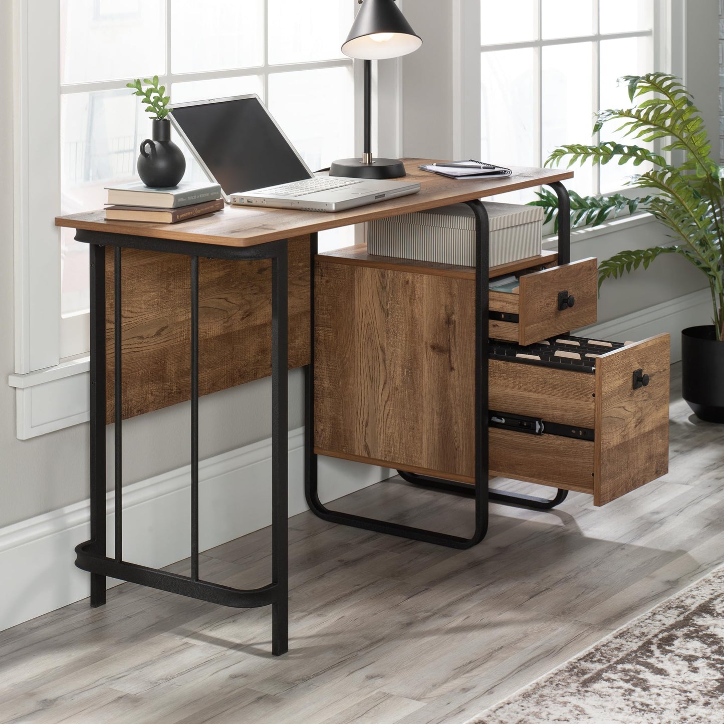 Sauder Station House Single Pedestal Desk, Etched Oak Finish