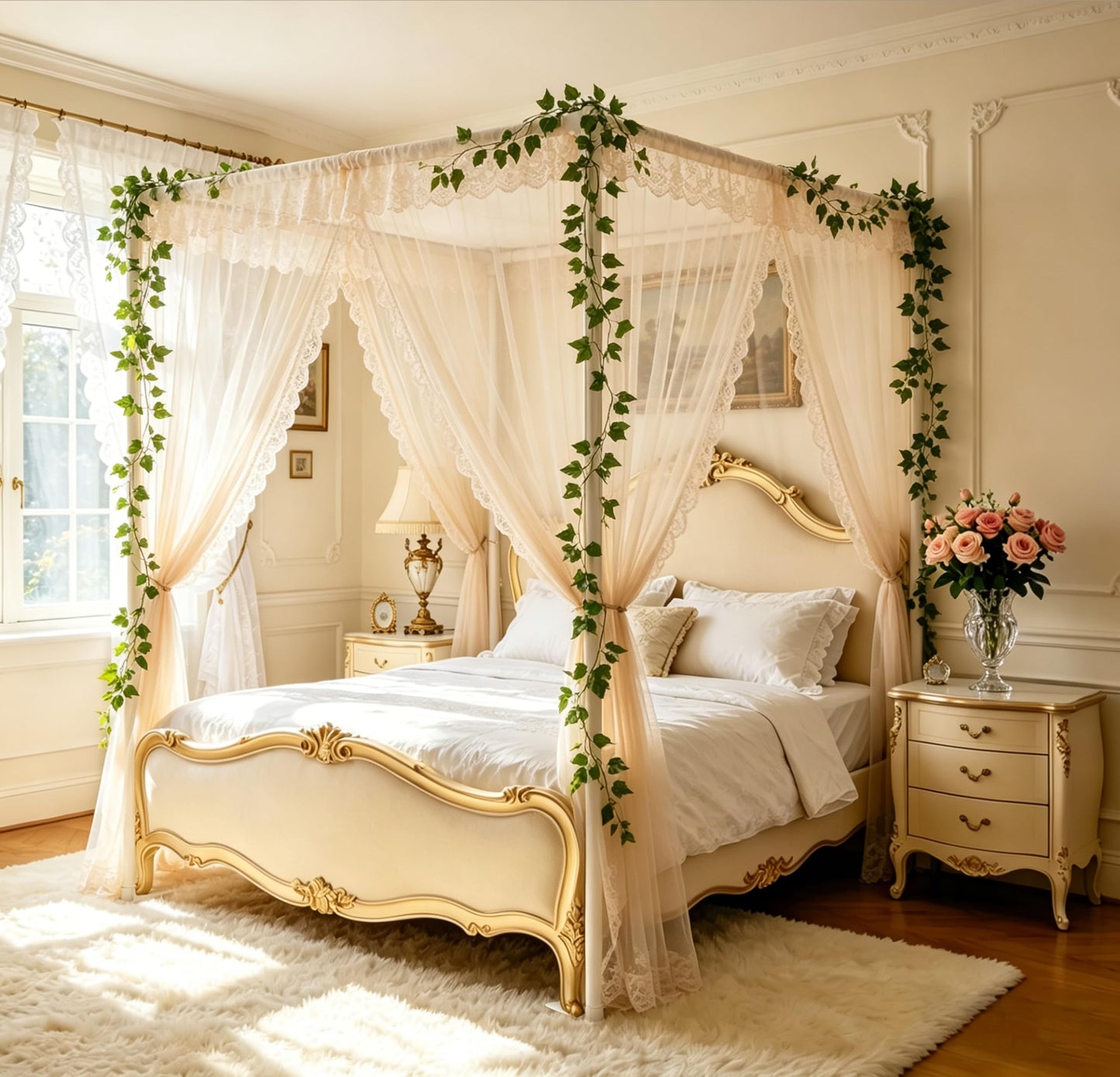 HYH-BULB Full Size Canopy Bed Frame, Thickened Metal Poles with Four Durable Corner Brackets, Compatible with Metal/Wood