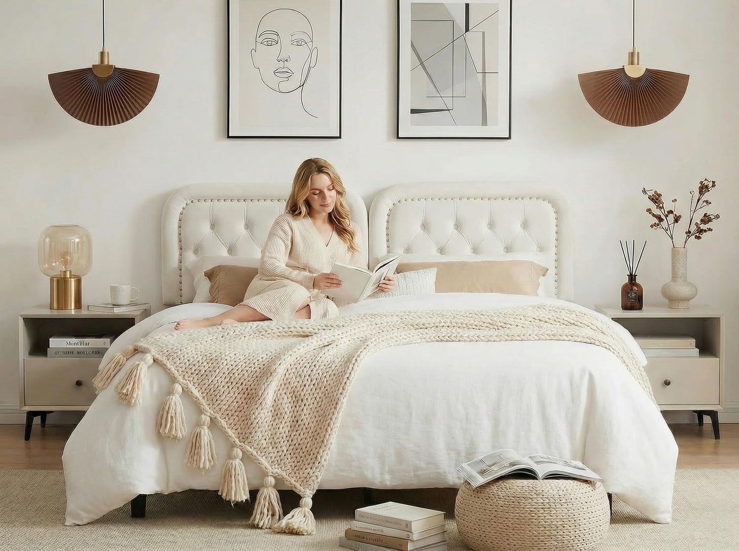 Beyetsea Tufted Upholstered Headboard Queen Size, Button Adjustable Height Queen Head Board Only, Sturdy and Durable Solid Wood with Nailhead Trim Headboards, Ideal for Bedroom, Dorm, Guest Room,Beige