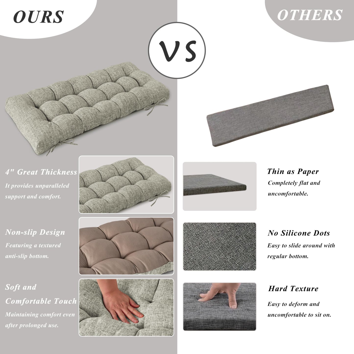 FlyGulls Bench Cushion for Indoor Furniture Rectangle Bench Seat Cushion for Bay Window Entryway Bench Thick Textured Chair Cushion with Non-Slip Backing 1 Pack 48 x 19 inch (1, Heather Gray)