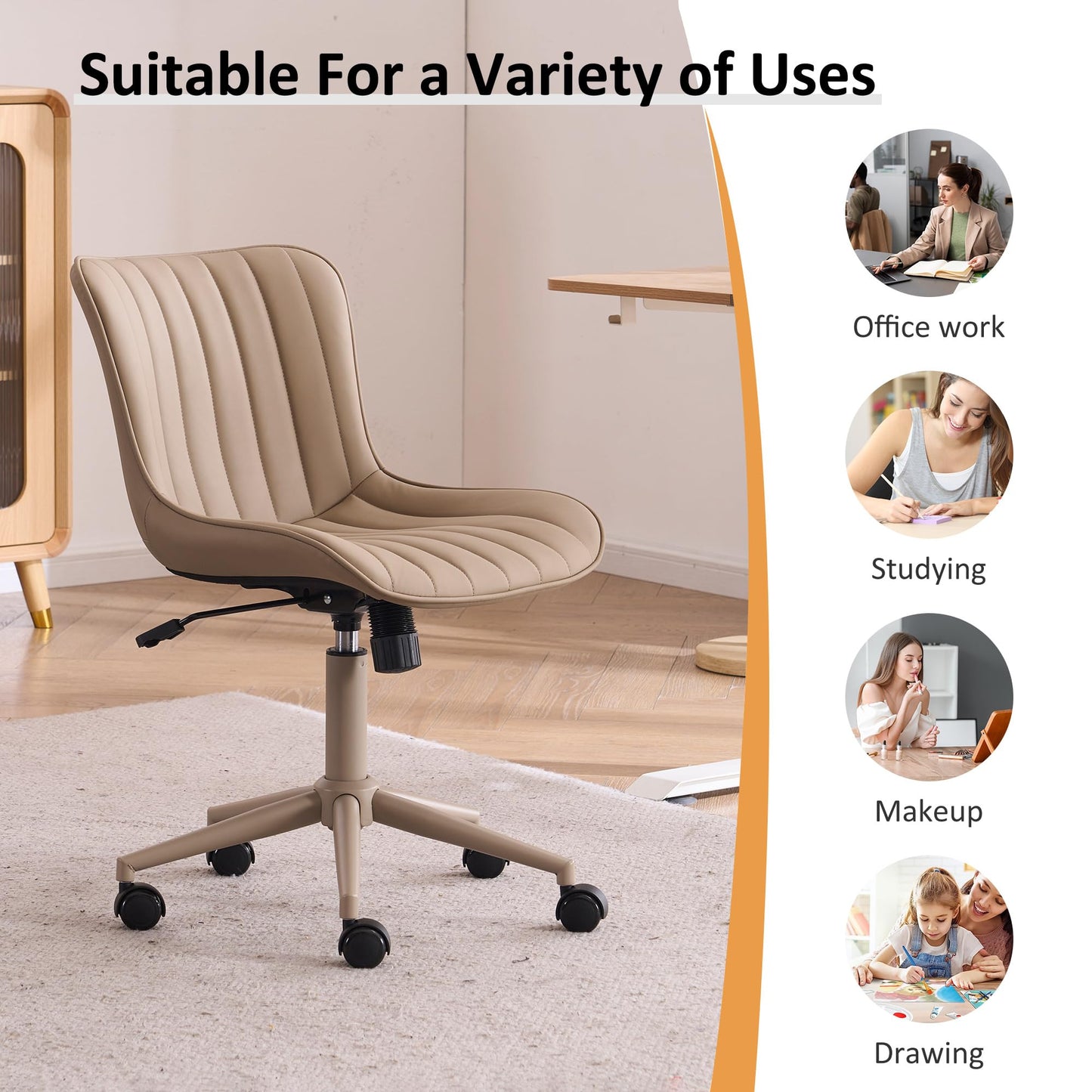 YOUNIKE Home Office Desk Chair with Wheels Armless Vanity Chair with Back Comfy Modern Leather Upholstered Rolling Task Chair Swivel Small Cute Sewing Chair No Arms Wide Adjustable Ergonomic All Khaki