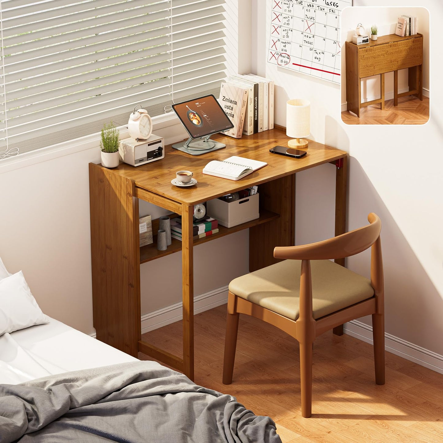 Dezyfurni Bamboo Foldable Desk, Folding Desks for Small Spaces, Mid Century Small Computer Desk with Bookshelf for Bedroom Home Office, Brown