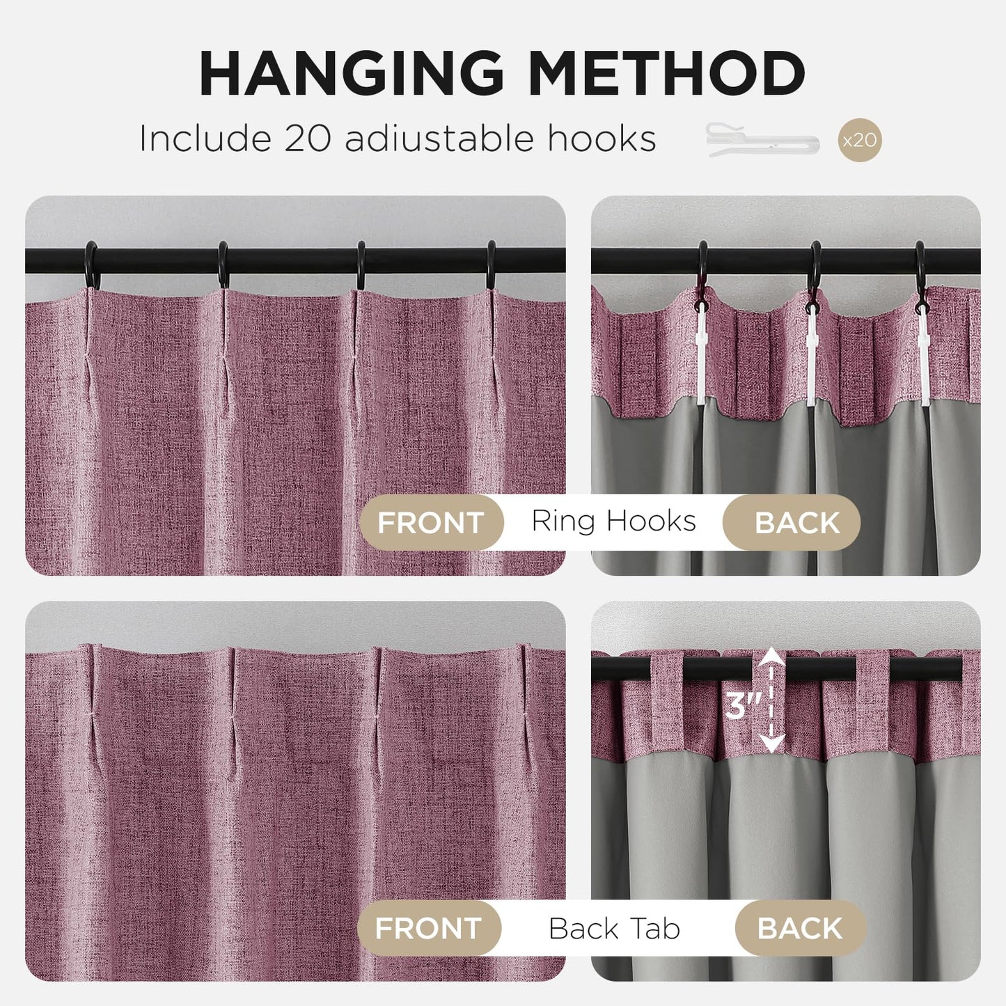 Joydeco Pinch Pleated Curtains - 100% Blackout for Bedroom, Pink Linen Curtains 40" W x 90" L, Thermal Insulated 2 Panels Light Blocking Drapes, Back Tabs for Living Room