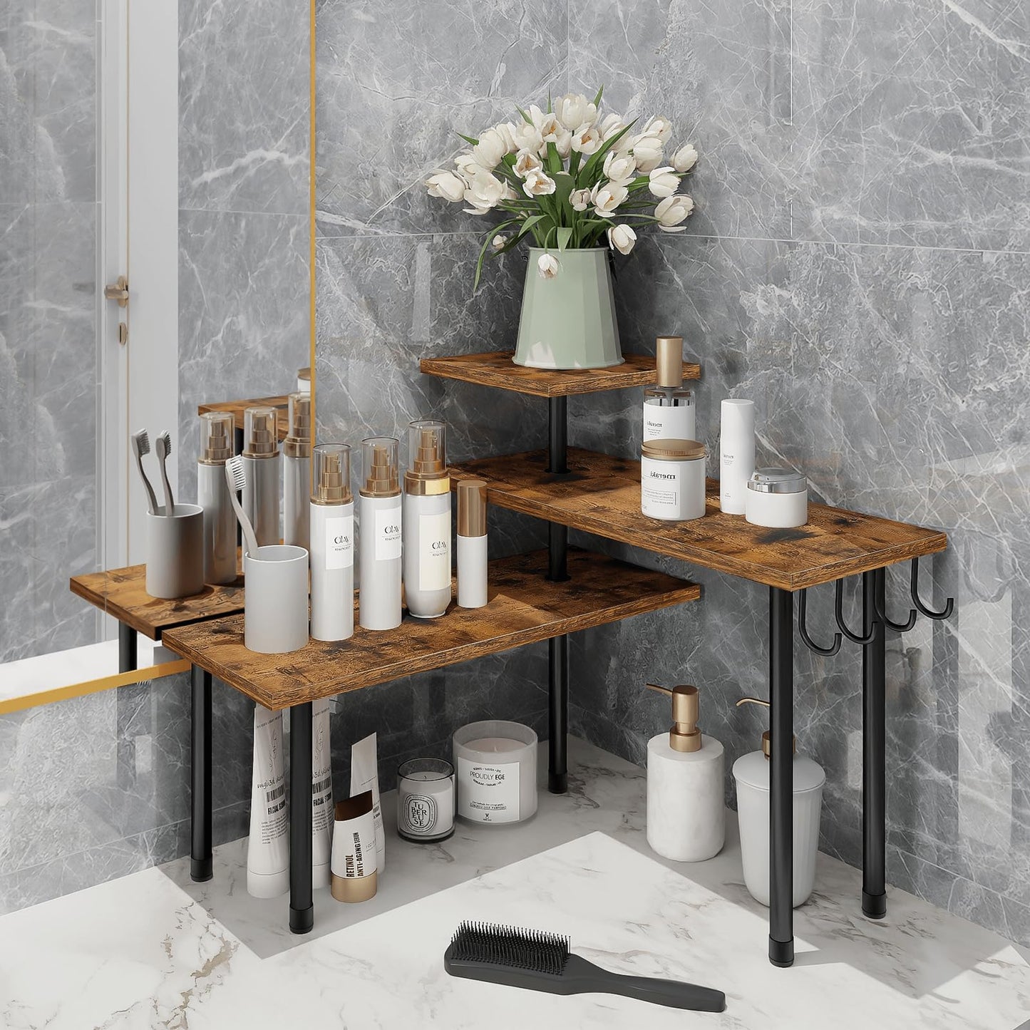 Homode Kitchen Countertop Organizer - 3 Tier Corner Shelf, Bathroom Counter Organizer, Spice Rack, Coffee Bar, Over Sink, Rustic Brown