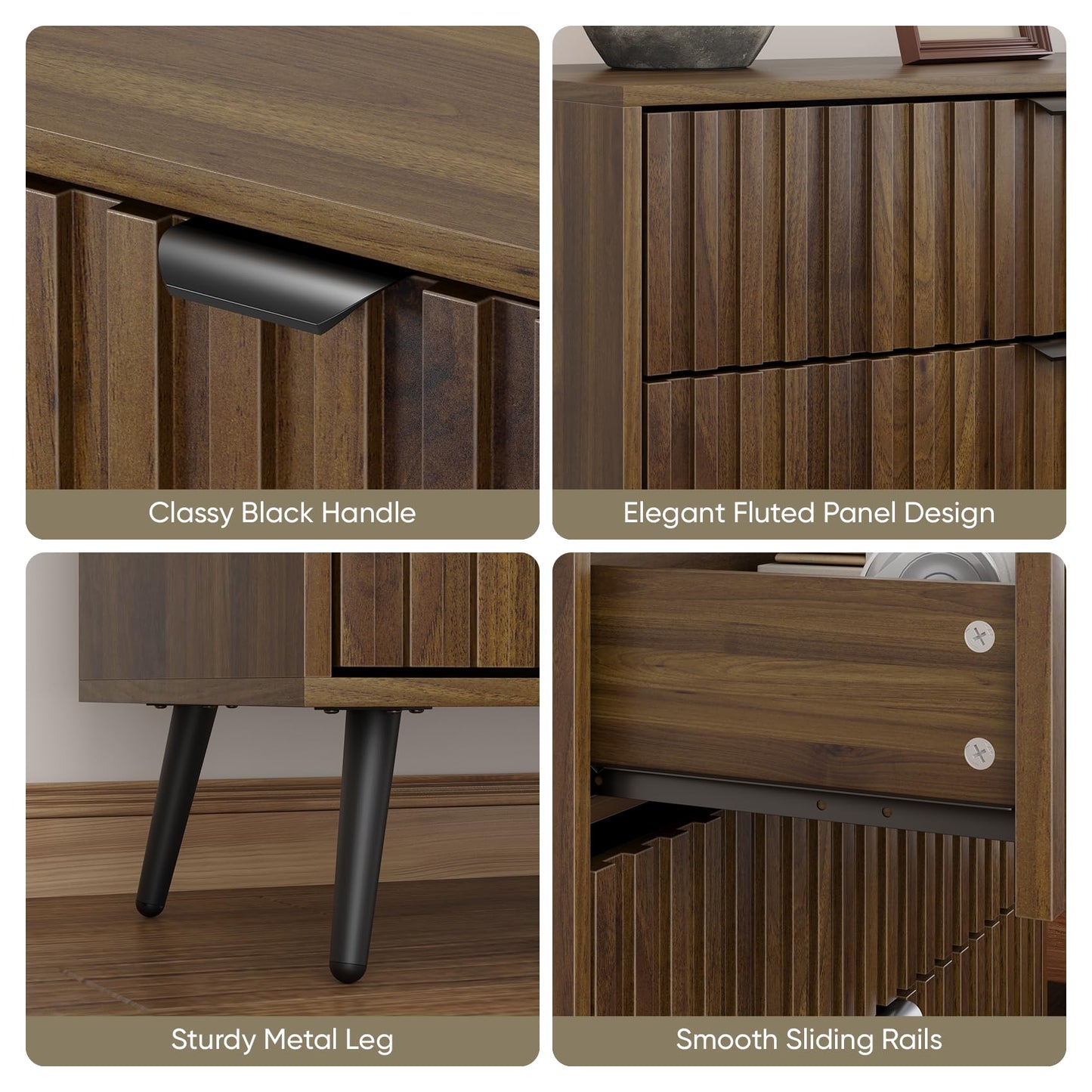 Smart FENDEE 3 Drawers Dresser, Fluted Small Dresser, 31.5“ W Mid- Century Modern Wooden Chest of Drawers, Large Nightstand Organizer for Bedroom, Closet, Hallway, Entryway, Walnut
